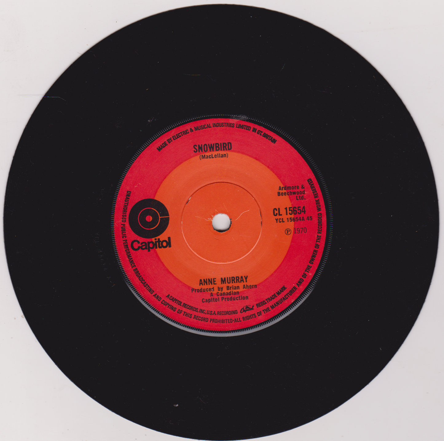 Anne Murray – Snowbird (Capitol 1970) 7" vinyl single VG/VG