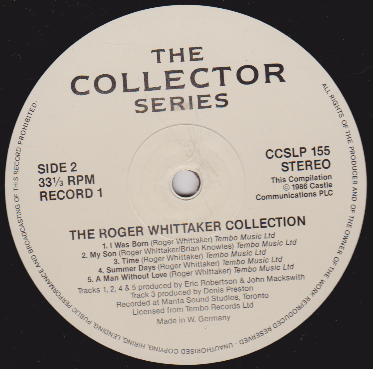 Roger Whittaker – The Roger Whittaker Collection (Castle 1986) 2x12" vinyl LP VG/VG