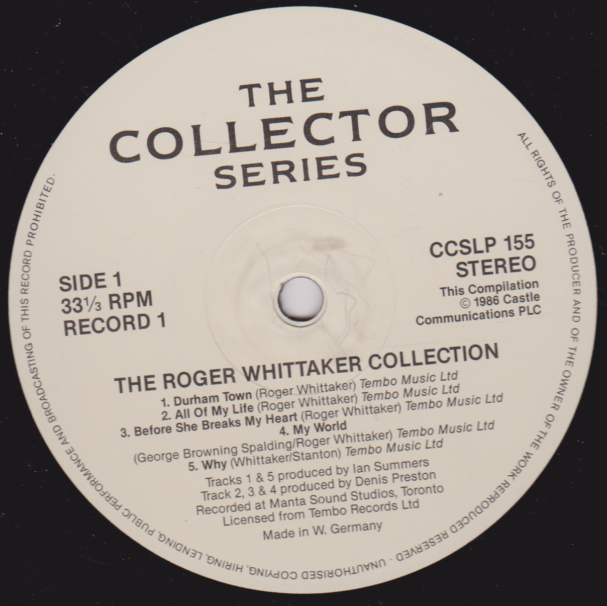 Roger Whittaker – The Roger Whittaker Collection (Castle 1986) 2x12" vinyl LP VG/VG