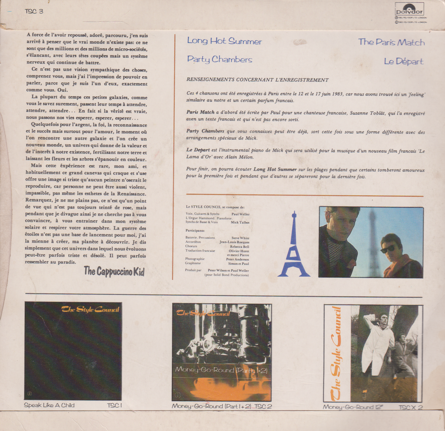 Single cover with text and images of a band and Eiffel Tower