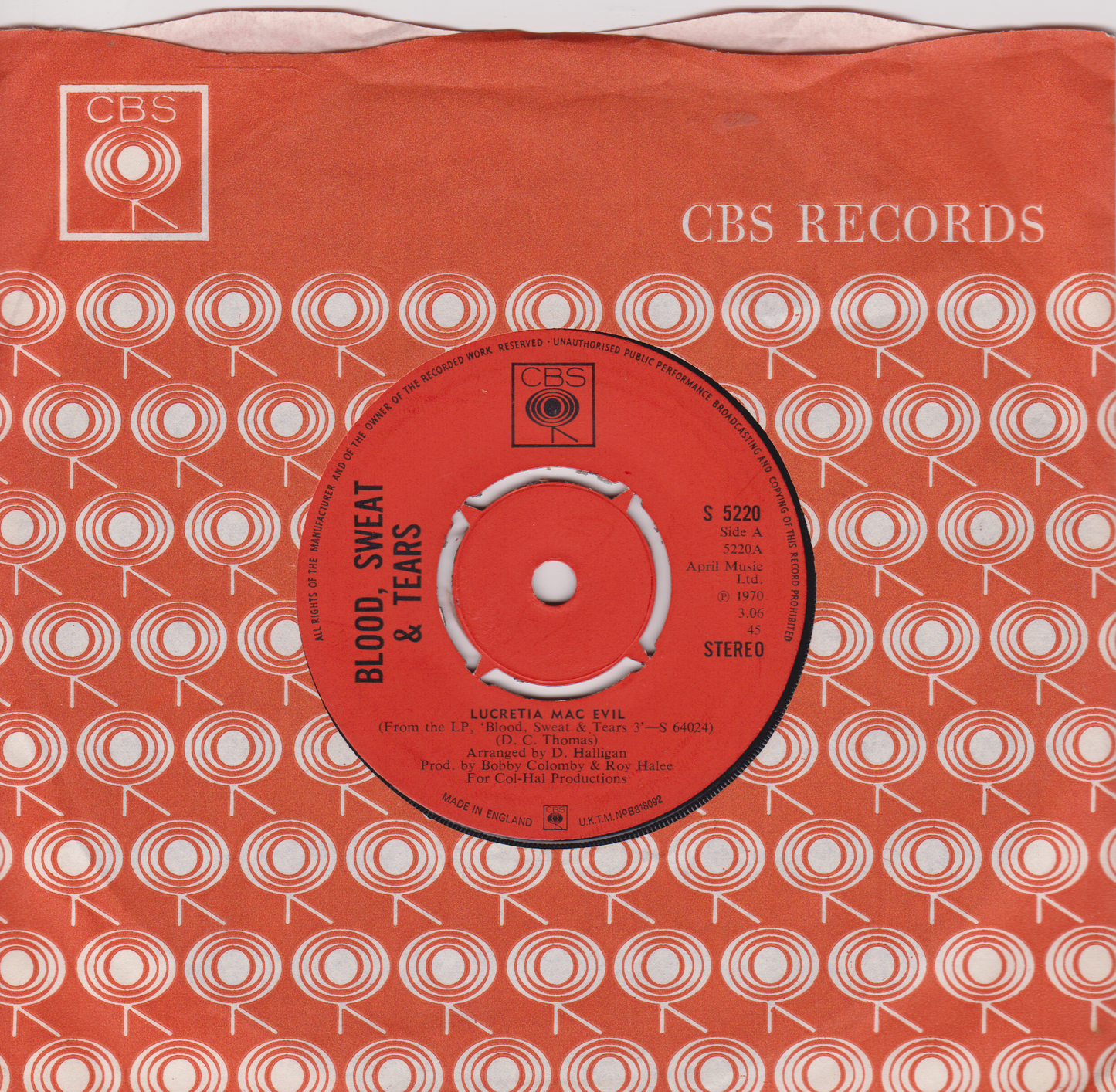 Blood, Sweat & Tears – Lucretia Mac Evil (CBS 1970) 7" vinyl single VG/-