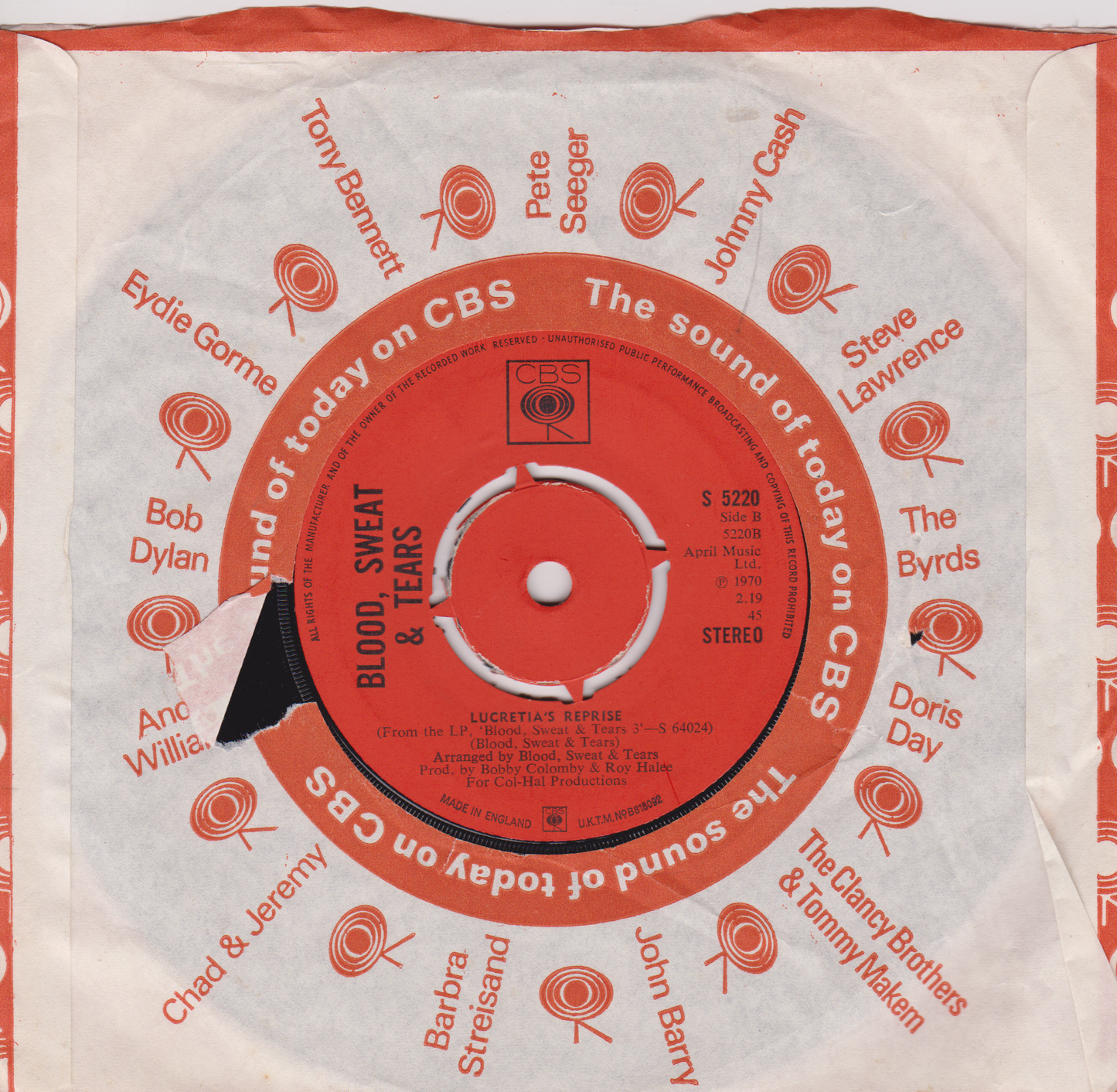 Blood, Sweat & Tears – Lucretia Mac Evil (CBS 1970) 7" vinyl single VG/-