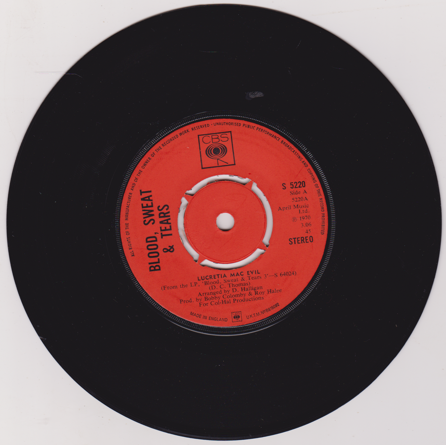 Blood, Sweat & Tears – Lucretia Mac Evil (CBS 1970) 7" vinyl single VG/-