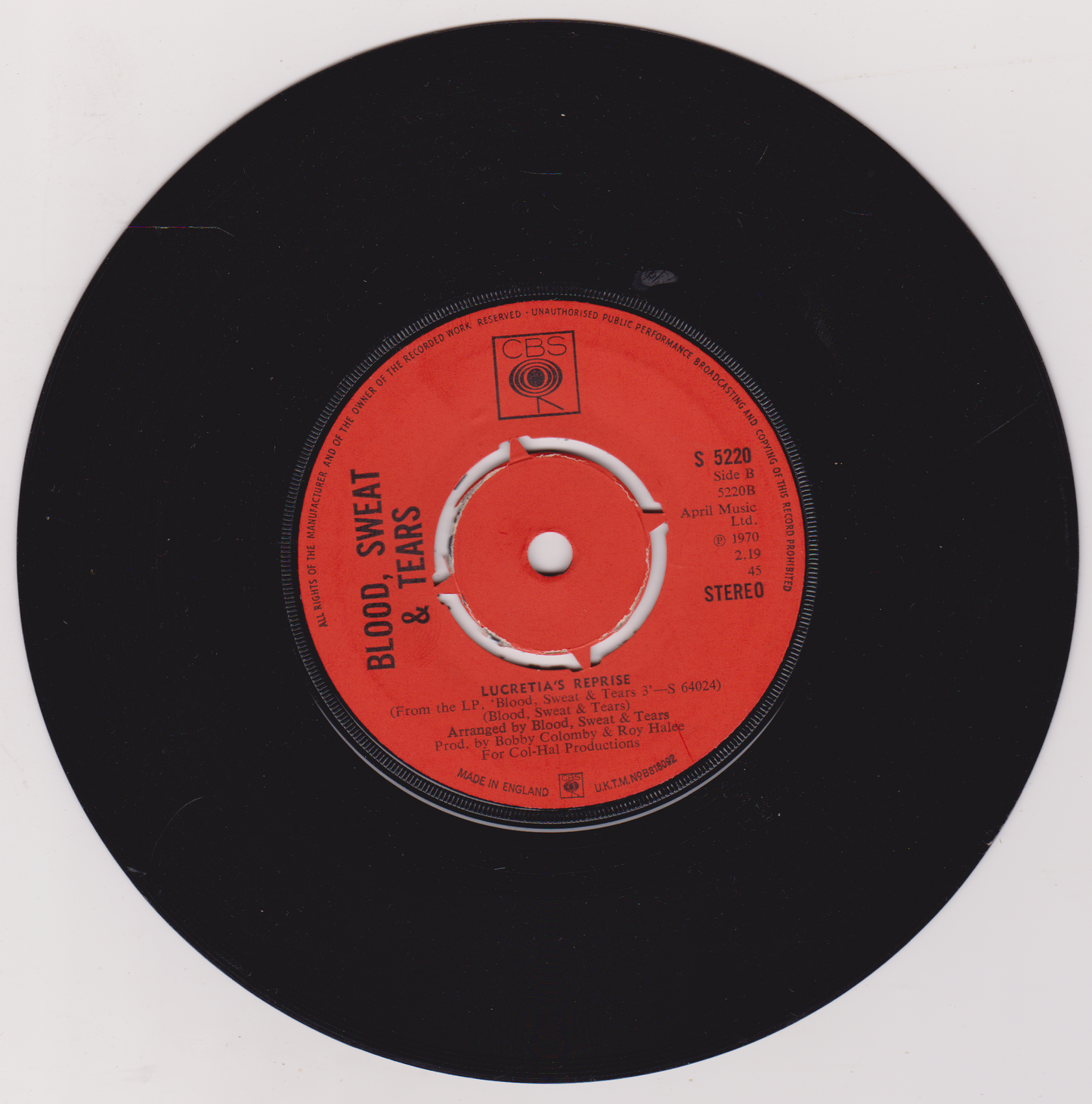 Blood, Sweat & Tears – Lucretia Mac Evil (CBS 1970) 7" vinyl single VG/-