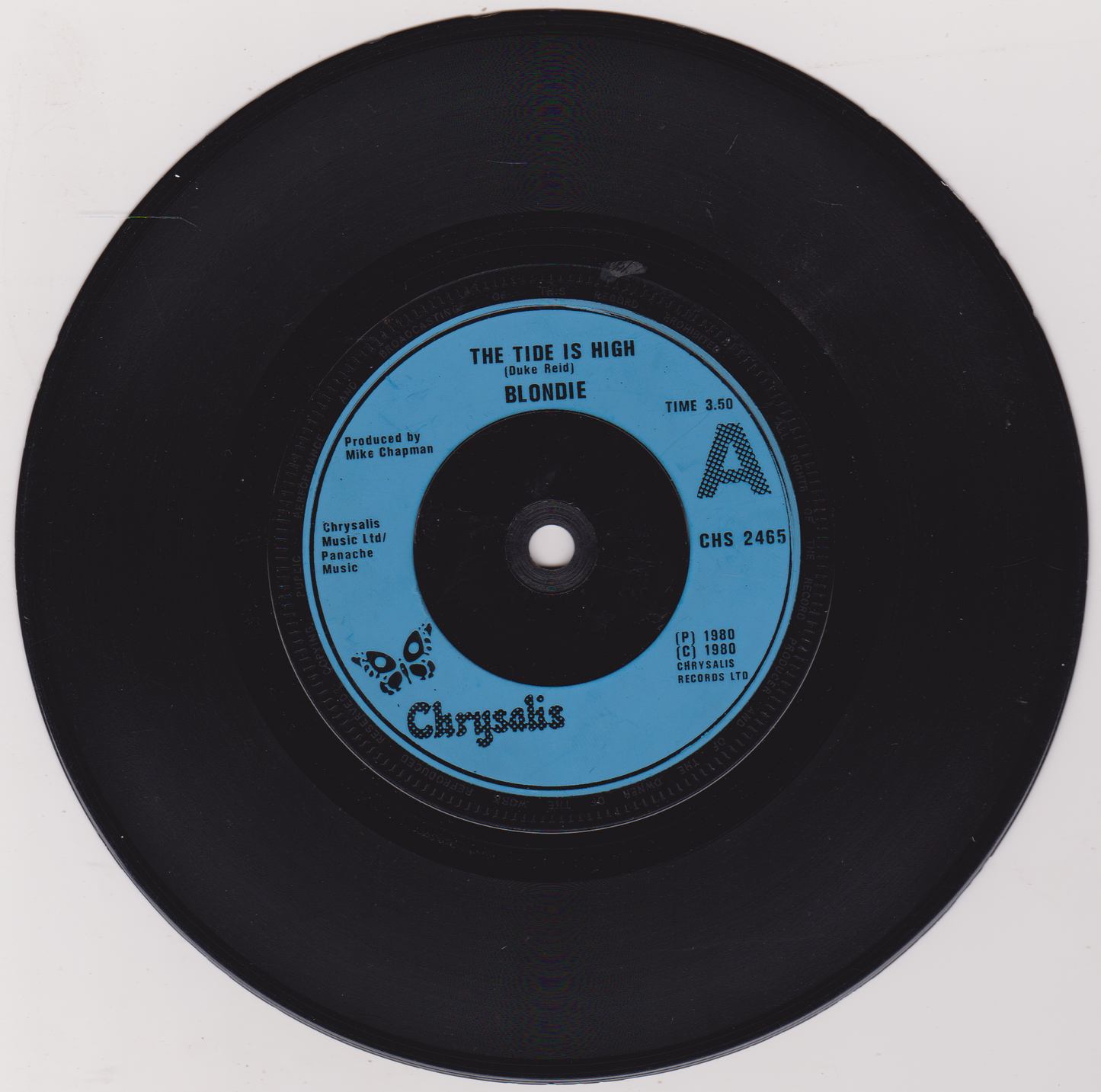 Black vinyl record with a blue label featuring 'Blondie' on a white background