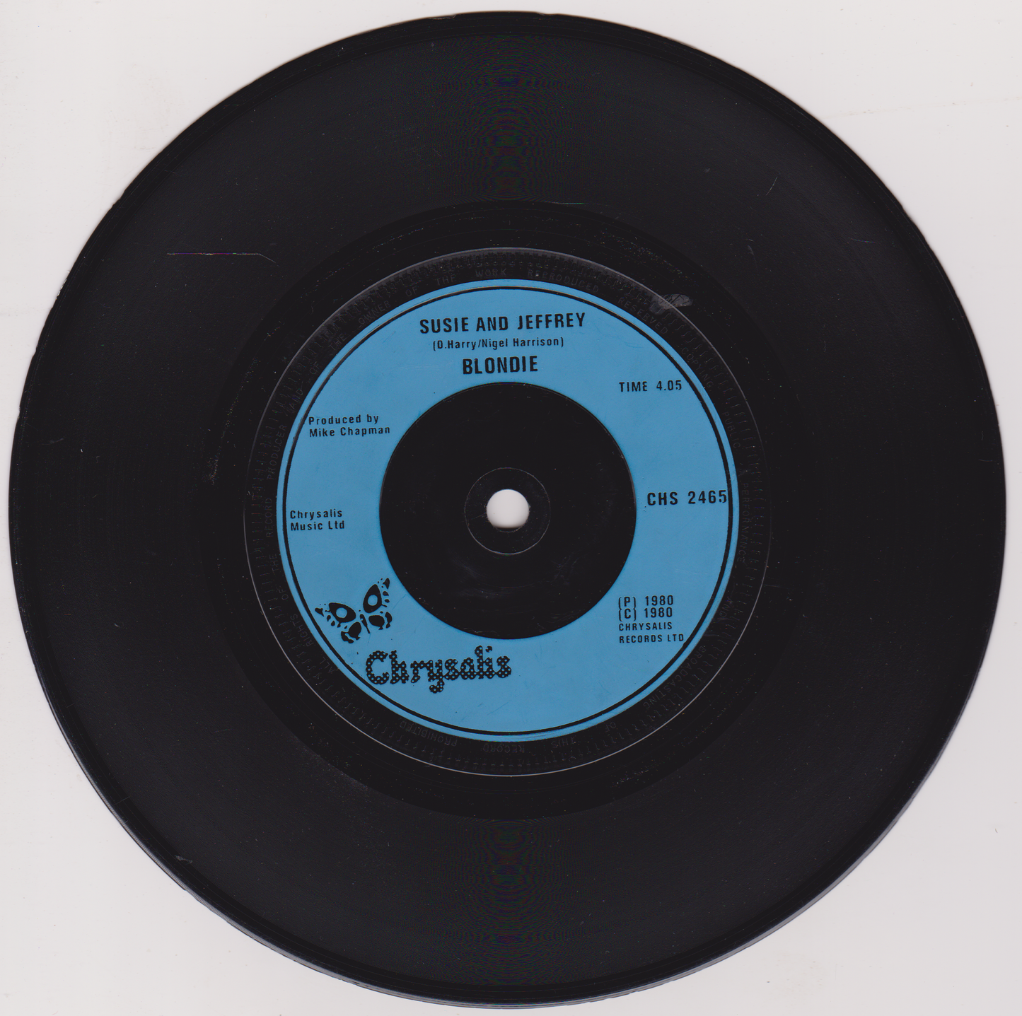 Black vinyl record with a blue label featuring 'Blondie' on a white background