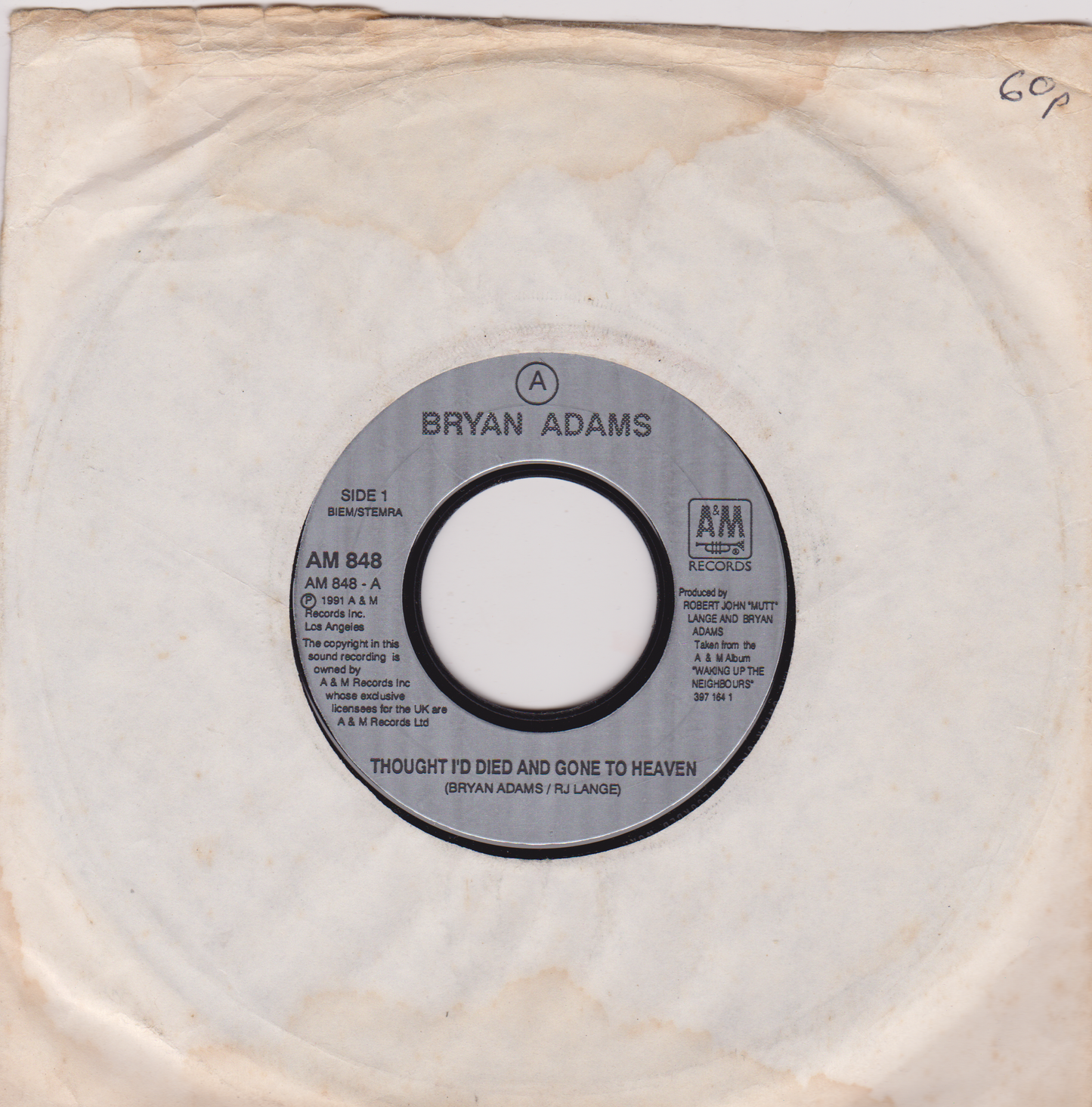Bryan Adams – Thought I'd Died And Gone To Heaven (A&M 1992) 7" vinyl single G+/- jukebox centre