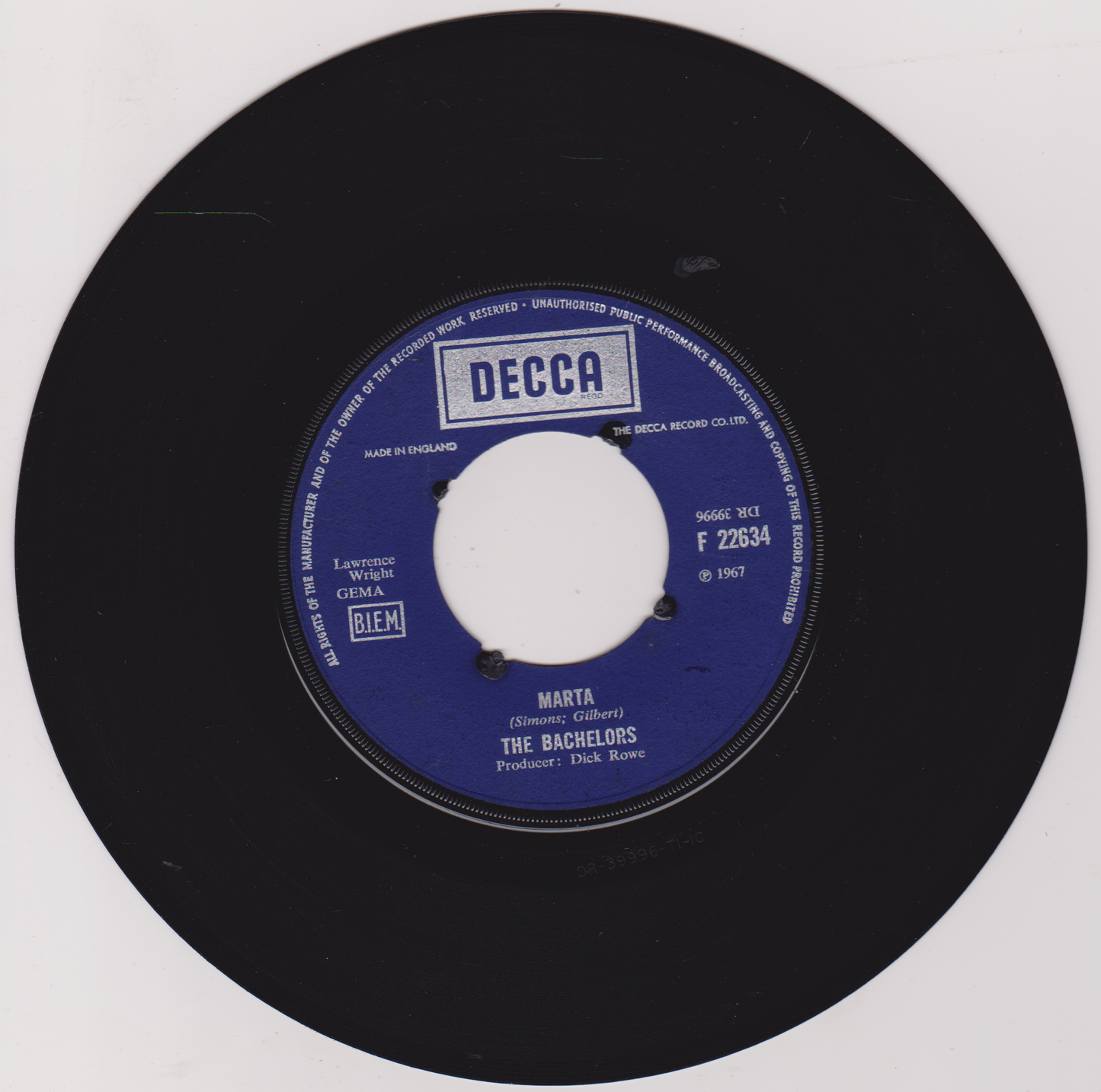 The Bachelors – Marta (Decca, 1967) 7" vinyl single VG/- jukebox centre