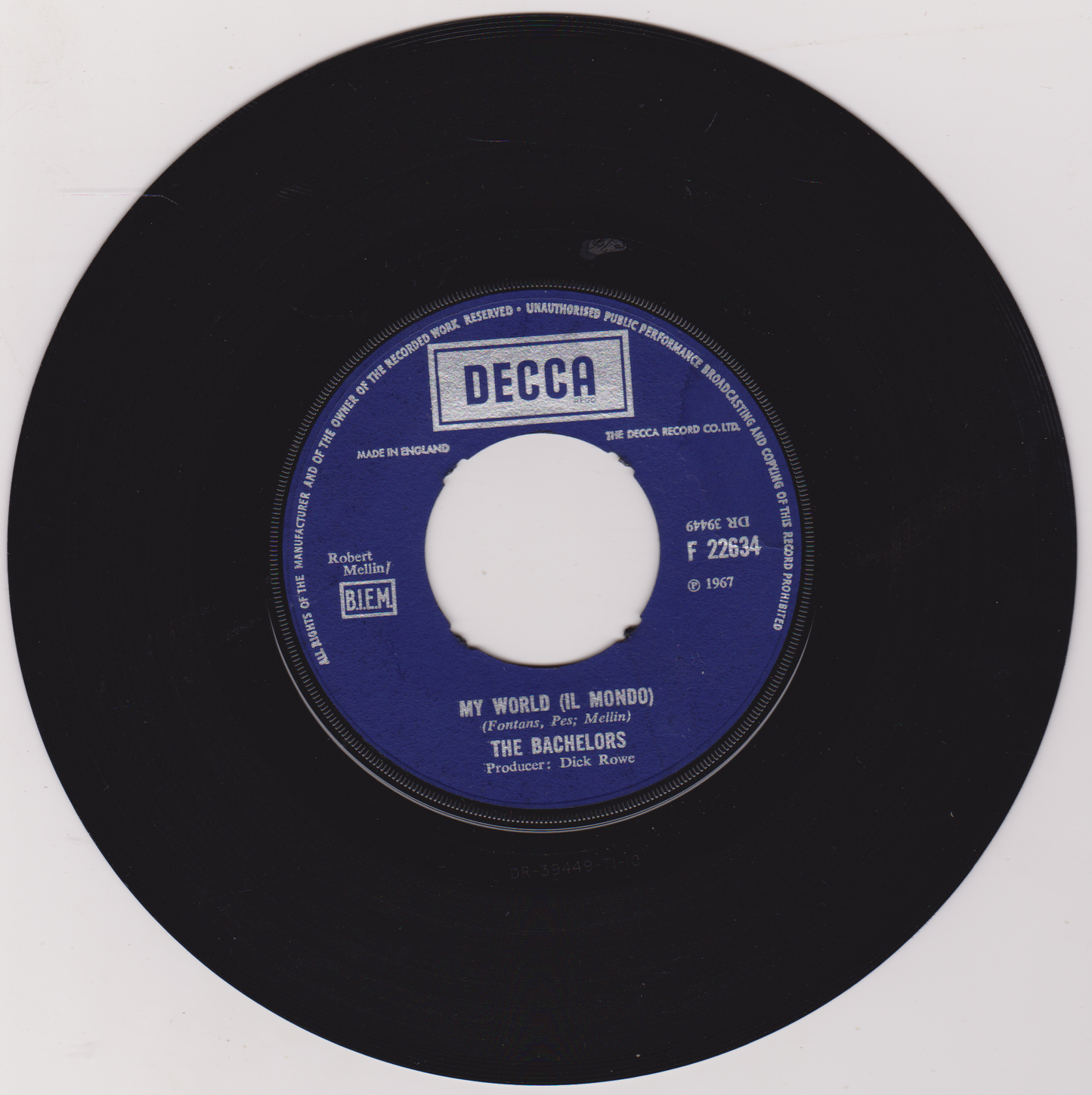 Black vinyl record with a blue label featuring the Decca logo and text.