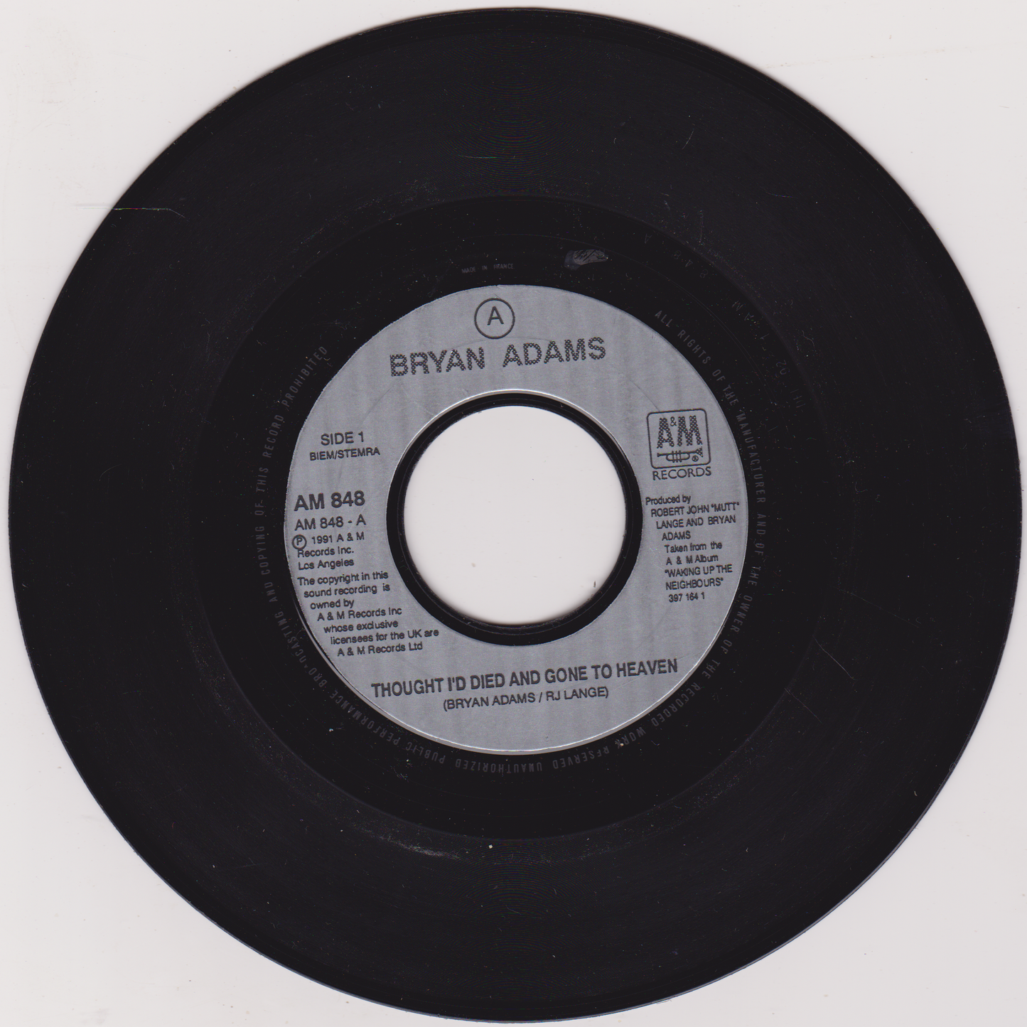 Bryan Adams – Thought I'd Died And Gone To Heaven (A&M 1992) 7" vinyl single G+/- jukebox centre