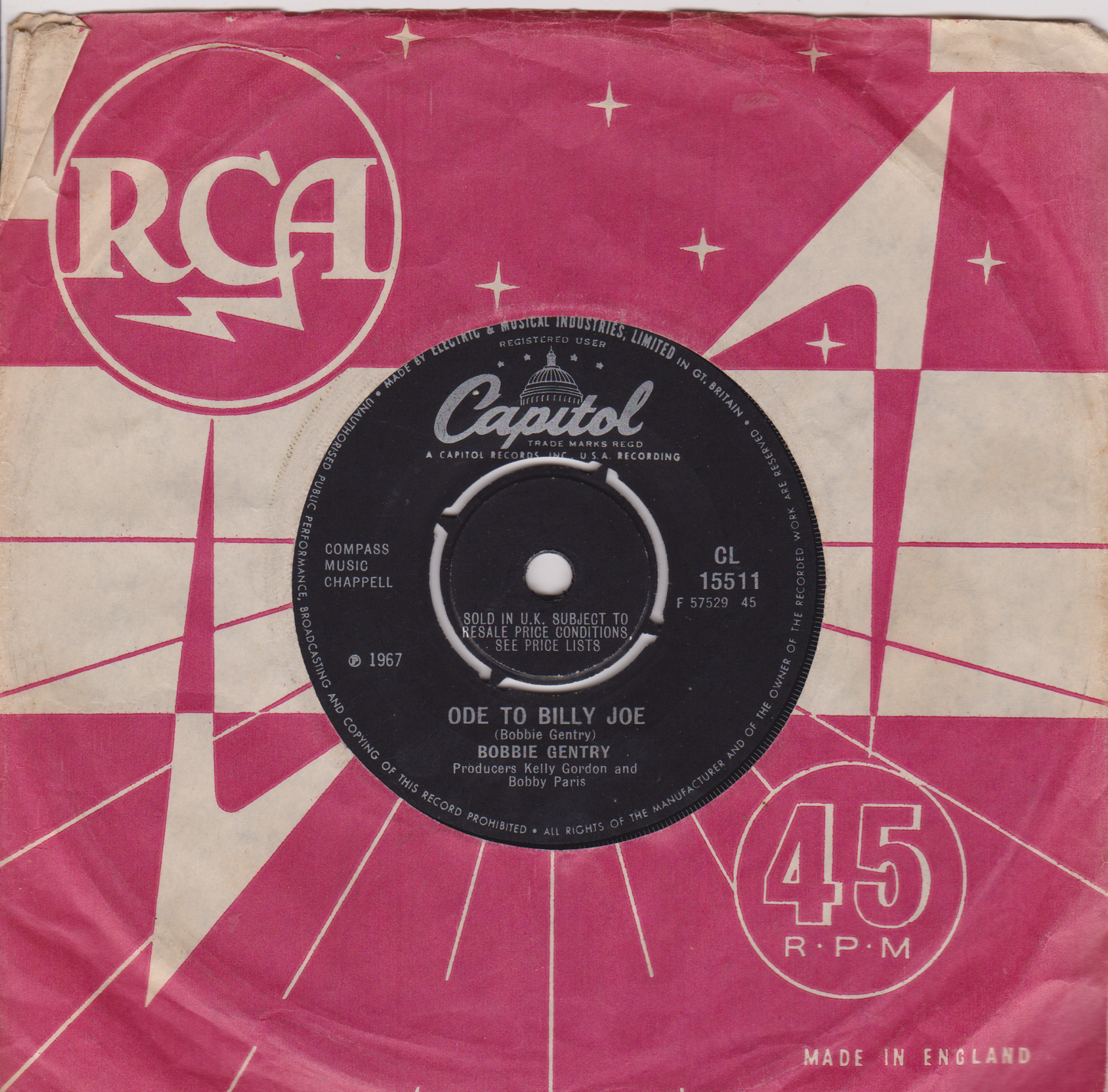 Bobbie Gentry - Ode To Billy Joe (Capitol 1967) 7" vinyl single G+/-