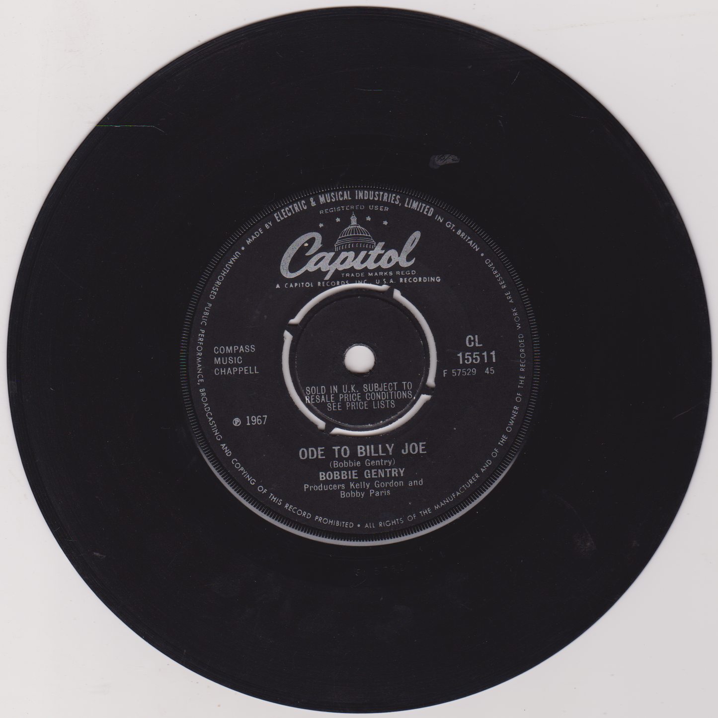 Bobbie Gentry - Ode To Billy Joe (Capitol 1967) 7" vinyl single G+/-