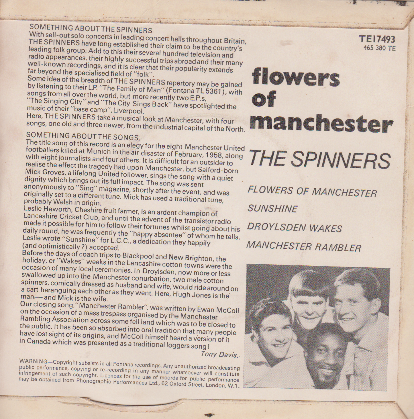 The Spinners – Flowers Of Manchester (Fontana 1967) 7" vinyl P/S EP VG/VG