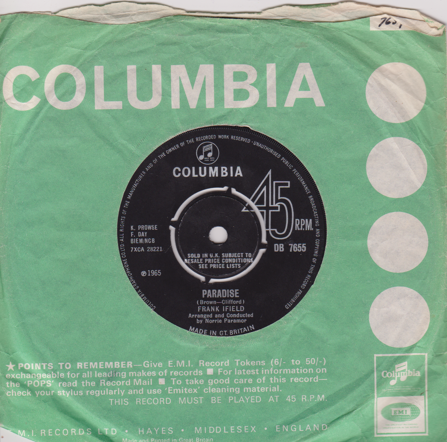 Frank Ifield - Paradise (Columbia 1965) 7" vinyl single VG/VG