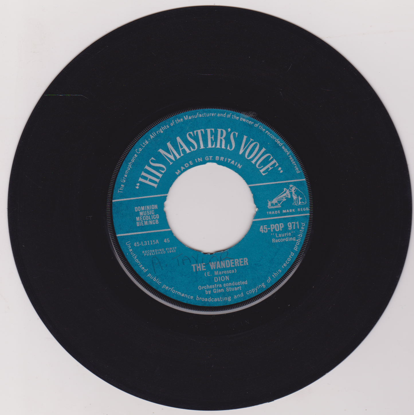 Dion – The Wanderer (HMV 1962) 7" vinyl single G+- jukebox centre