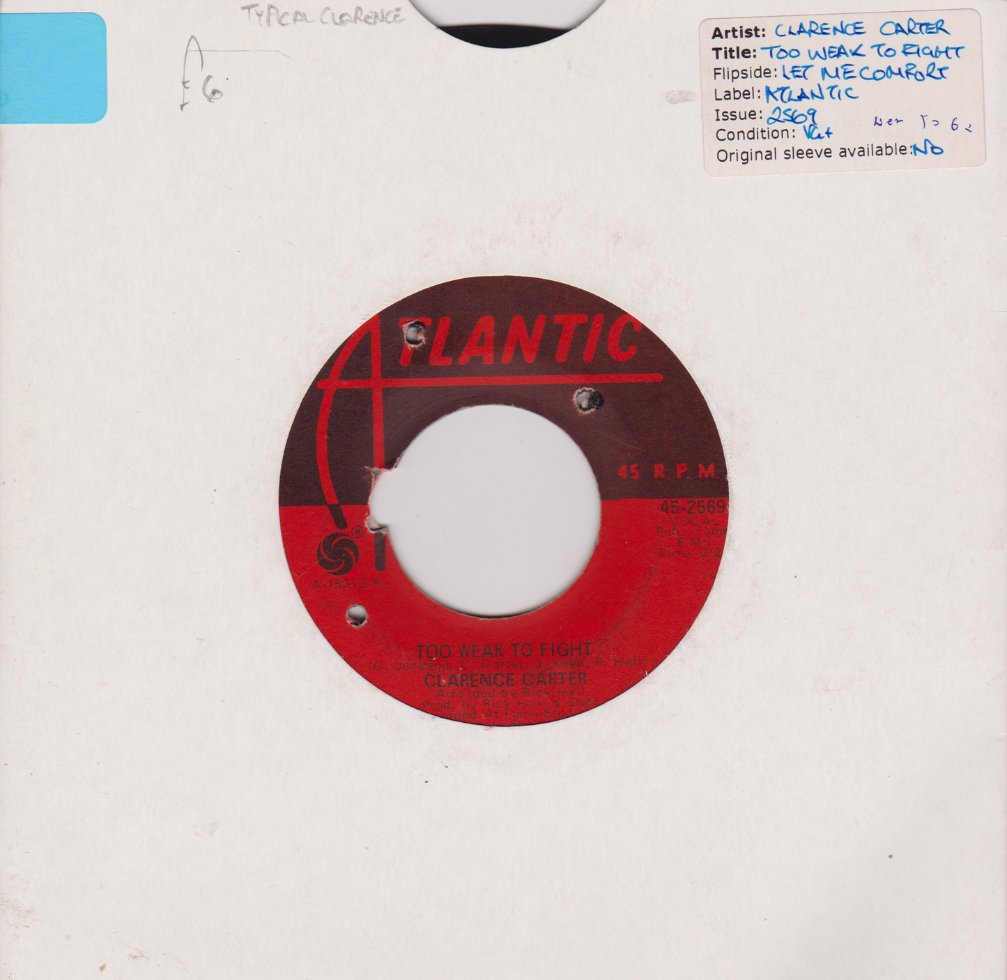 Clarence Carter – Too Weak To Fight (Atlantic 1968) 7" vinyl US single VG/-