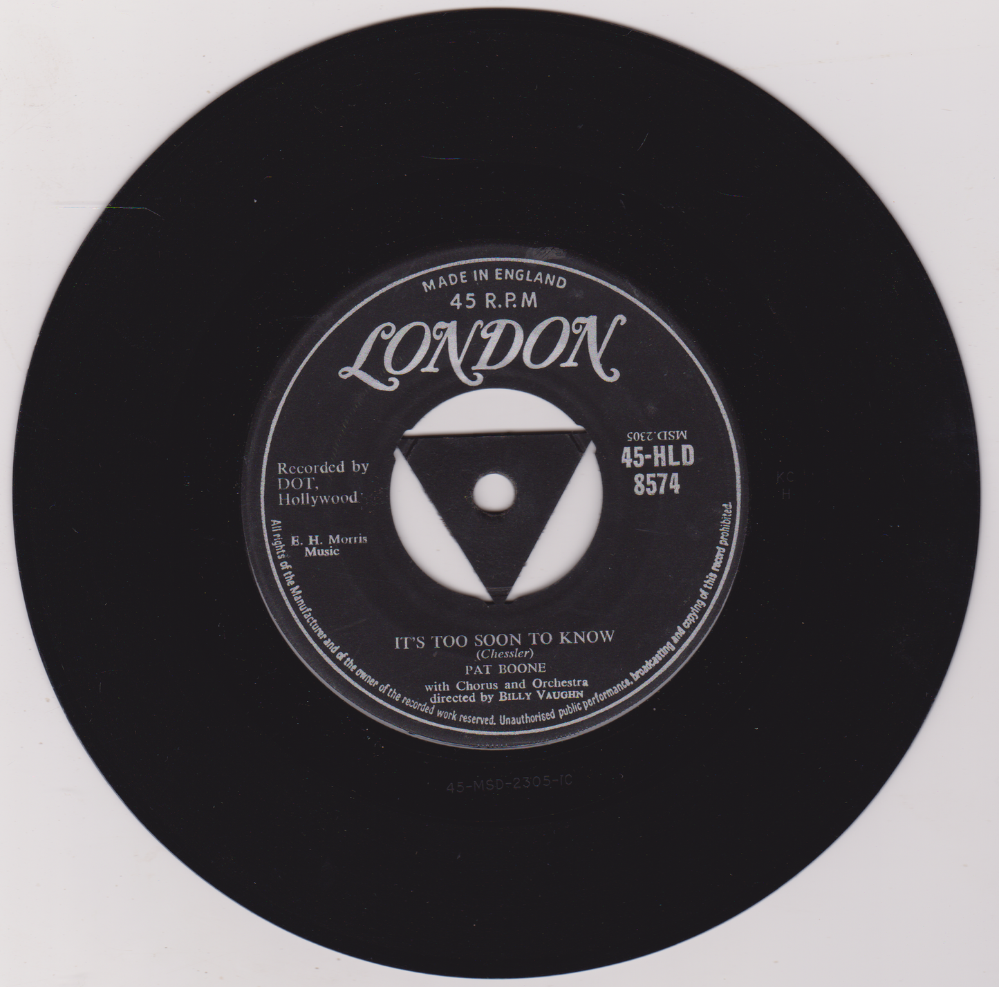 Pat Boone - It's Too Soon To Know (London 1958) 7" vinyl single VG/-