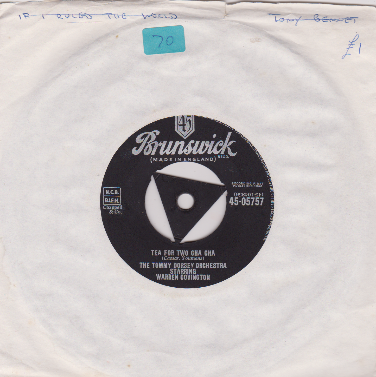 The Tommy Dorsey Orchestra - Tea For Two Cha Cha (Brunswick 1958) 7" vinyl single VG/-