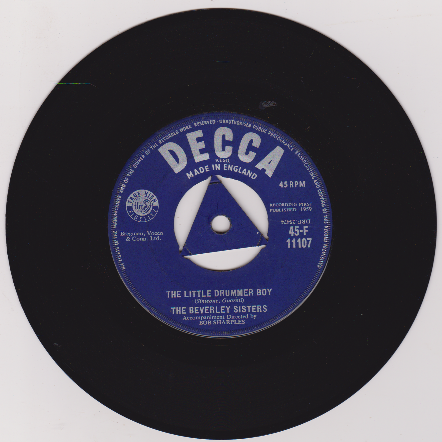 The Beverley Sisters – The Little Drummer Boy (Decca 1959) 7" vinyl single VG/-