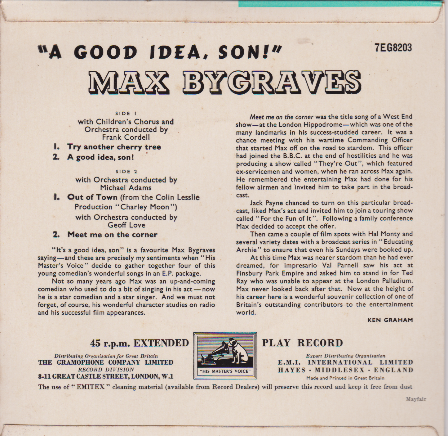 Max Bygraves – A Good Idea, Son! (HMV 1956) 7" vinyl EP VG/VG jukebox centre