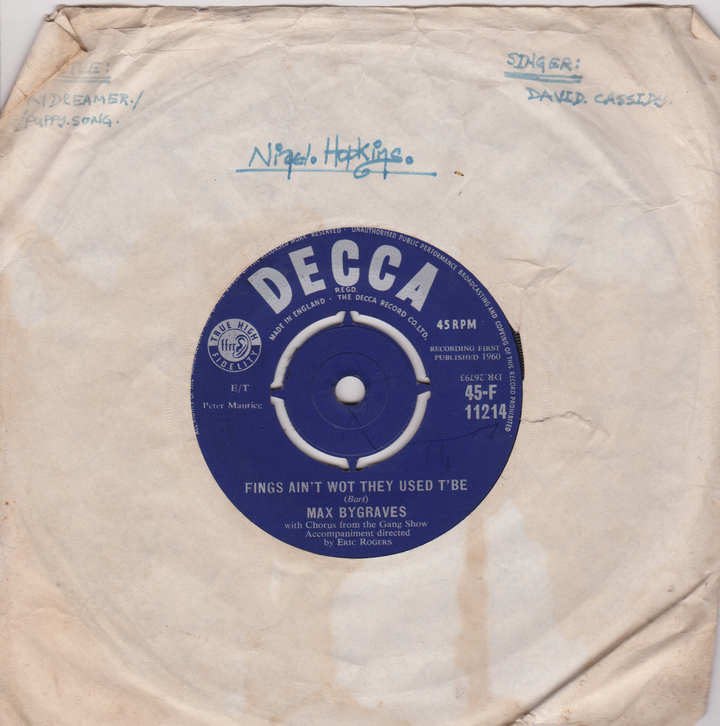 Max Bygraves – Fings Ain't Wot They Used T'Be (Decca 1960) 7" vinyl single VG/-