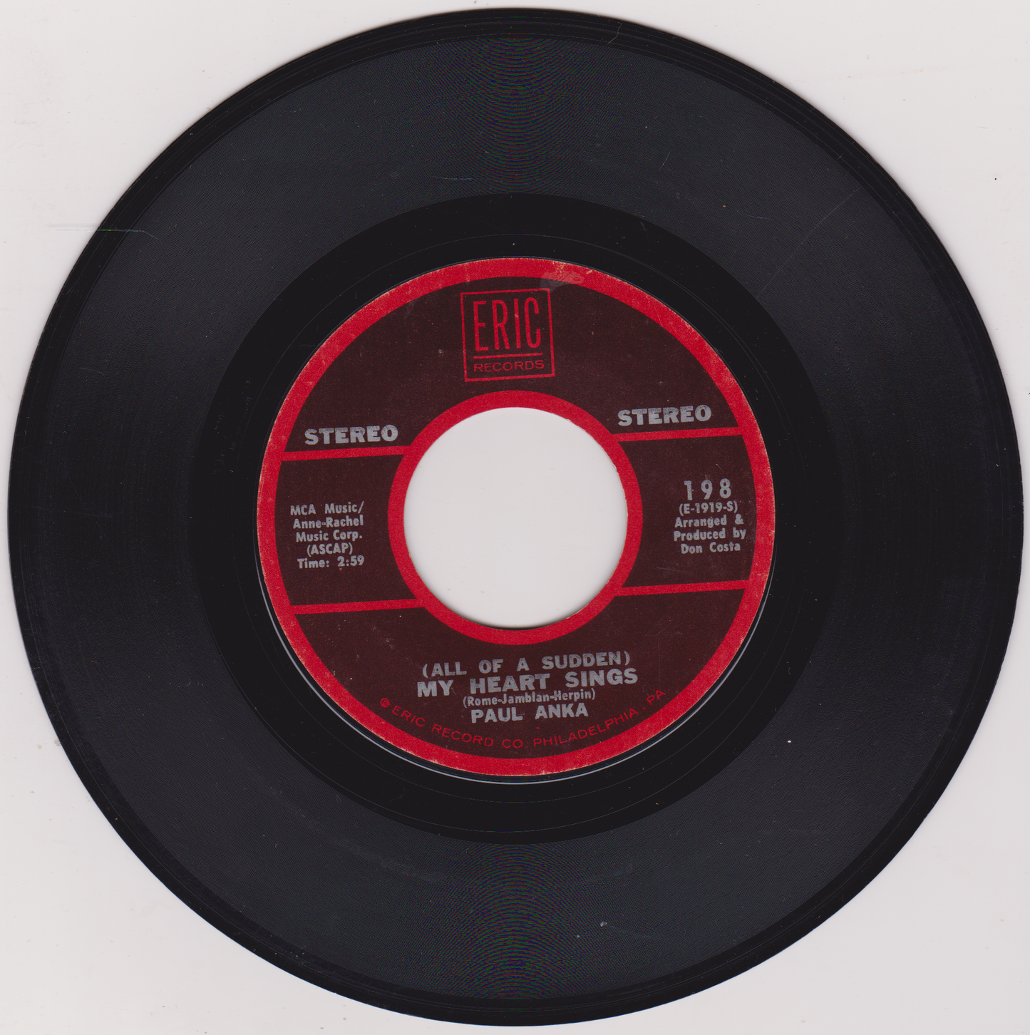 Paul Anka – (All Of A Sudden) My Heart Sings (Eric) 7" vinyl US single VG/- jukebox