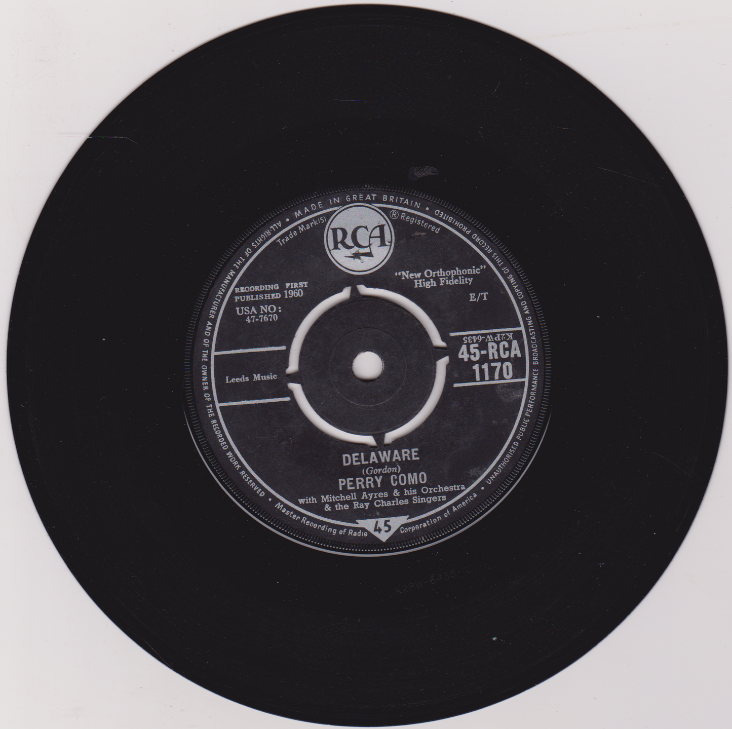 Perry Como – Delaware (RCA 1960) 7" vinyl single VG/-