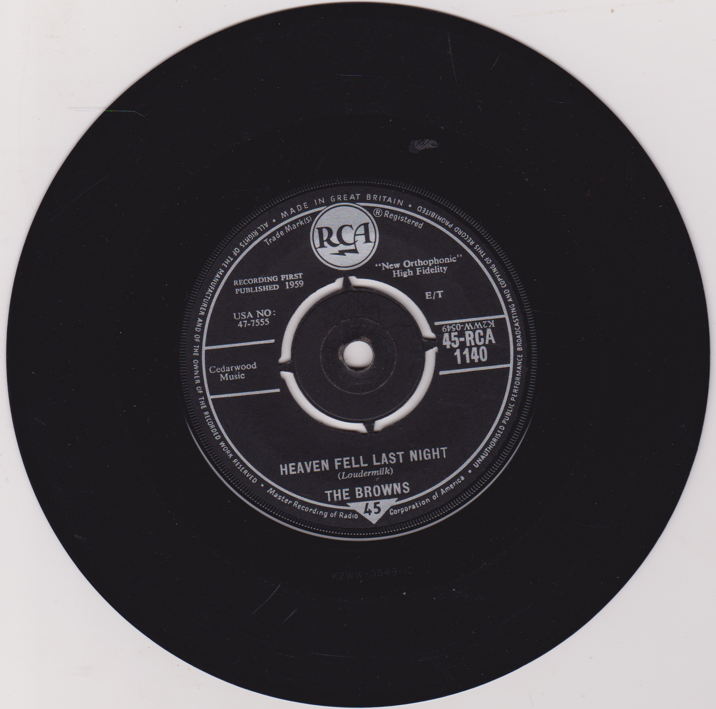 The Browns – The Three Bells (RCA 1959) 7" vinyl single G+/-
