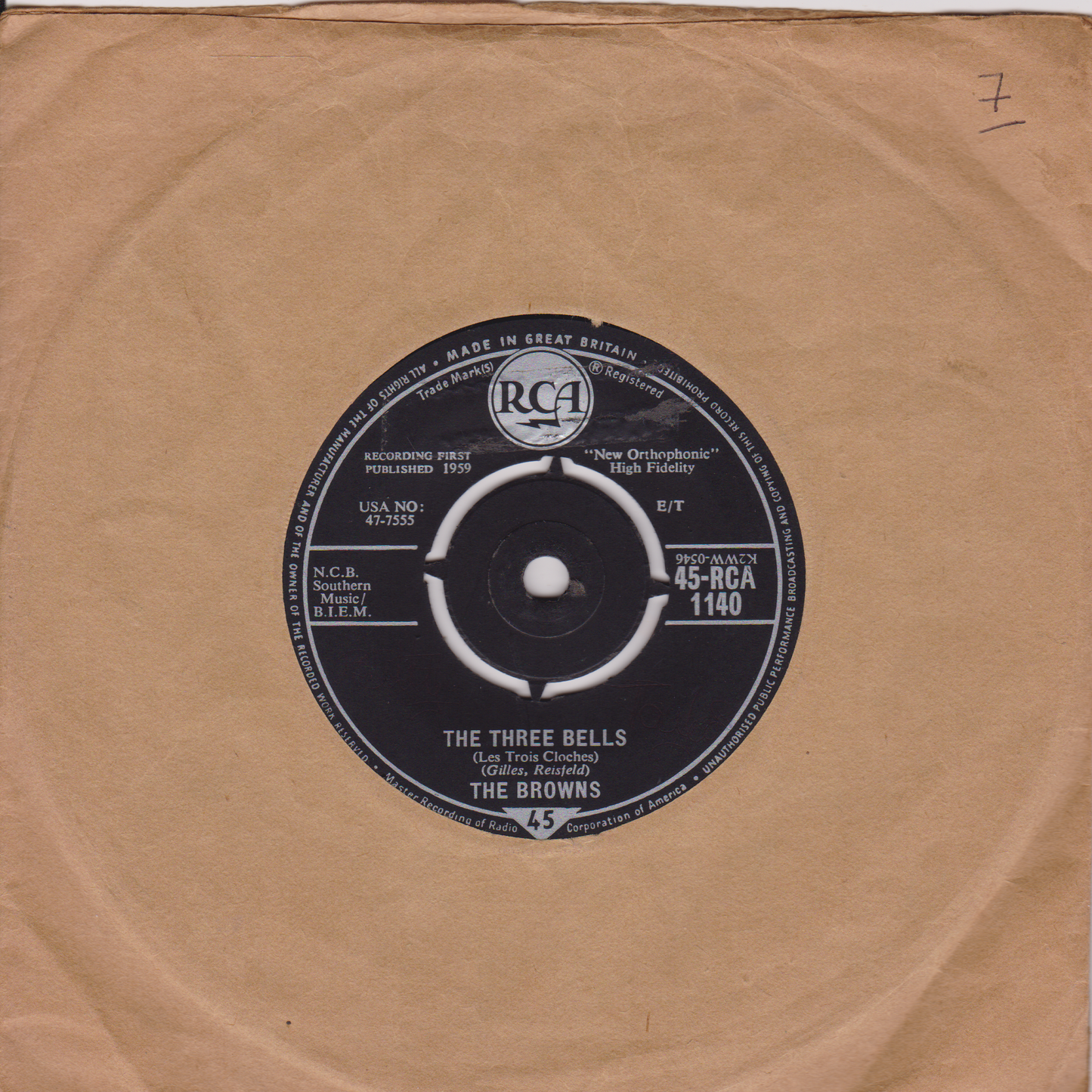 The Browns – The Three Bells (RCA 1959) 7" vinyl single G+/-