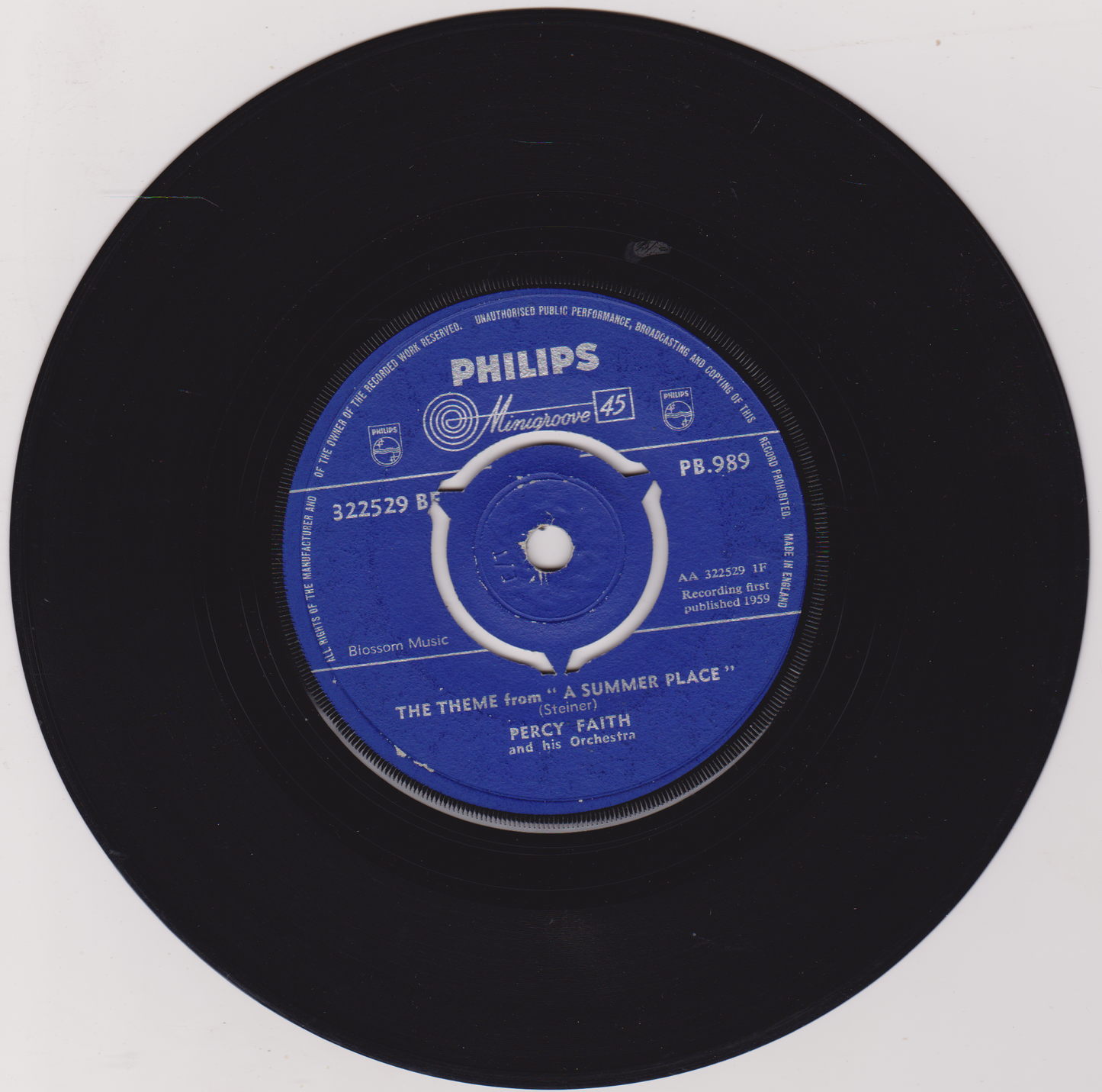 Percy Faith And His Orchestra – The Theme From "A Summer Place" (Philips 1959) 7" vinyl single VG/-