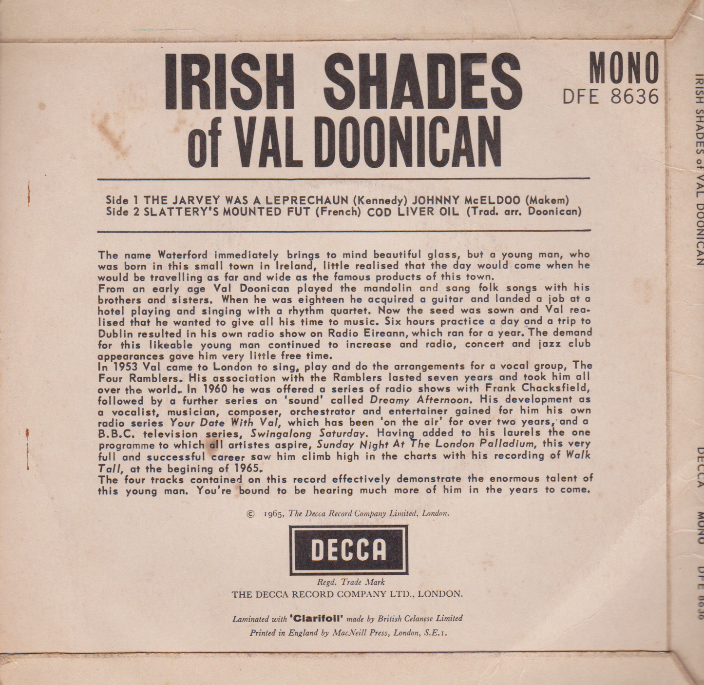 Val Doonican – Irish Shades Of Val Doonican (Decca, 1965) 7" vinyl P/S EP VG/VG