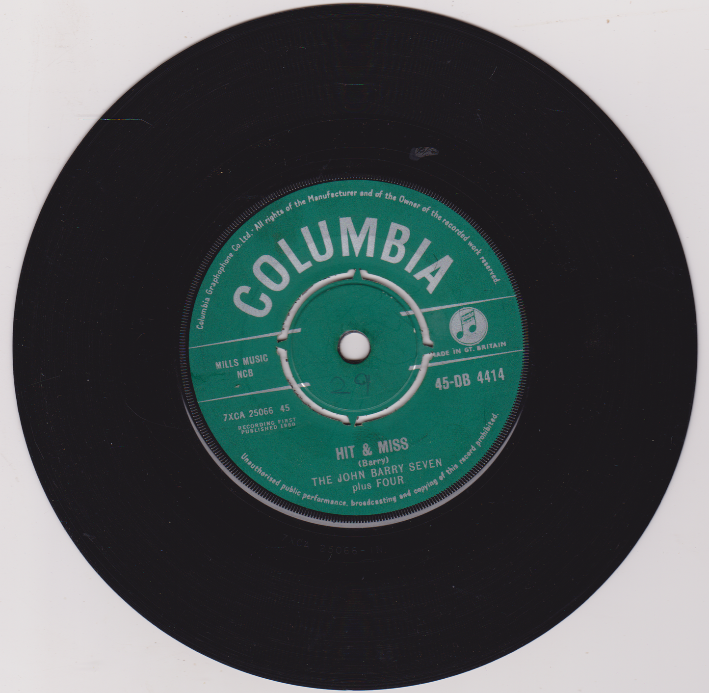 The John Barry Seven Plus Four – Hit & Miss (Columbia 1960) 7" vinyl single VG/G