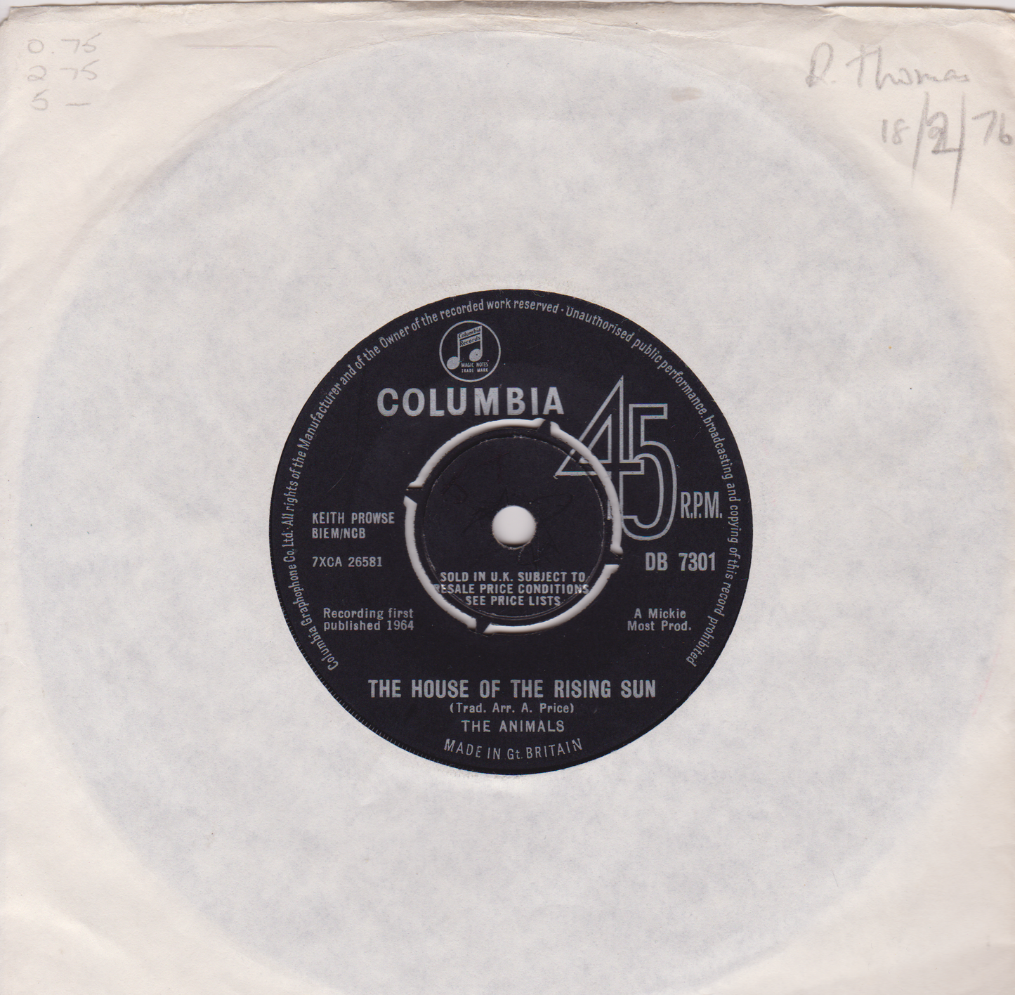 The Animals – The House Of The Rising Sun (Columbia) 7" vinyl single VG/-