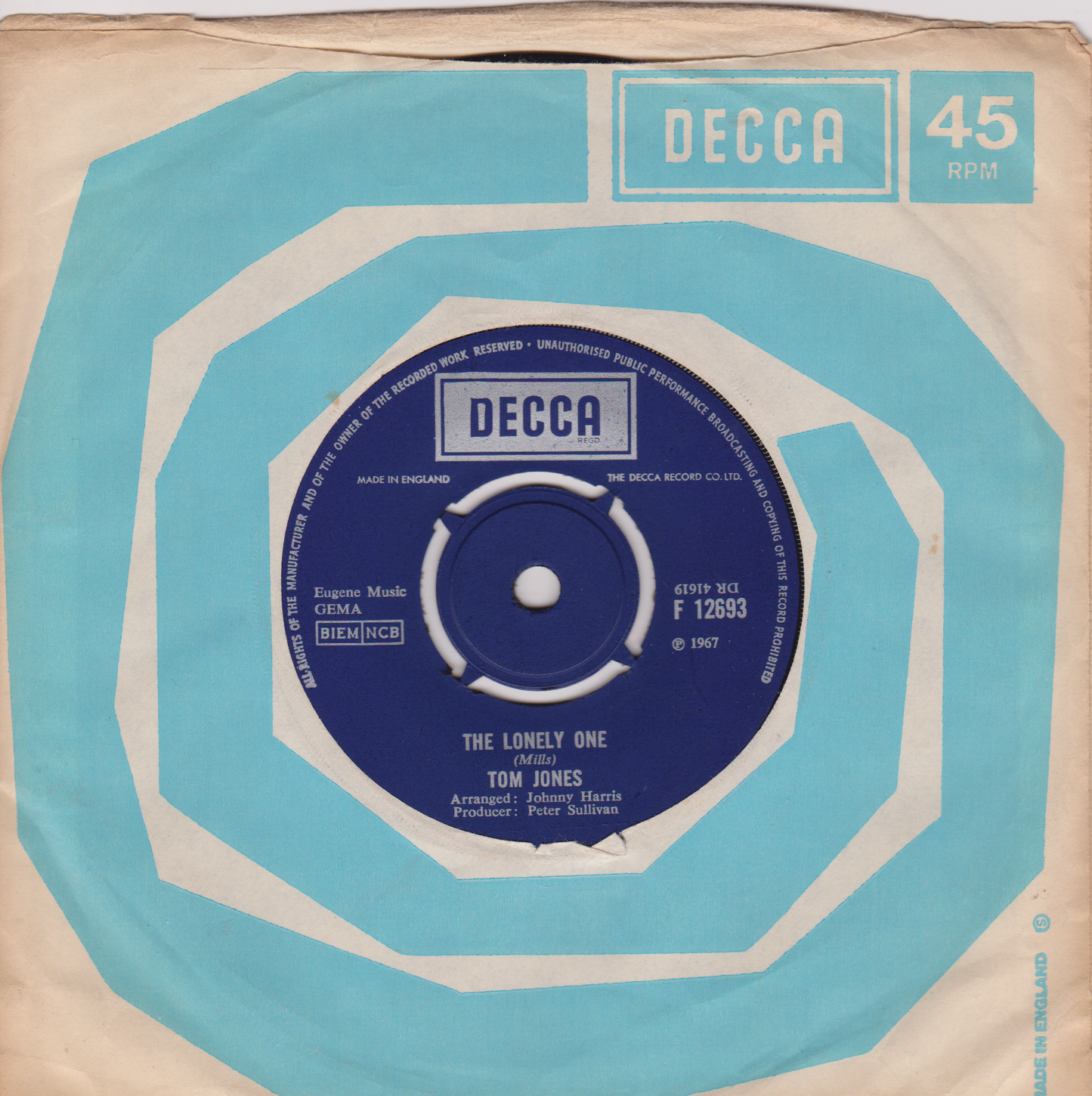 Tom Jones – I'm Coming Home (Decca, 1967) 7" vinyl single VG/VG
