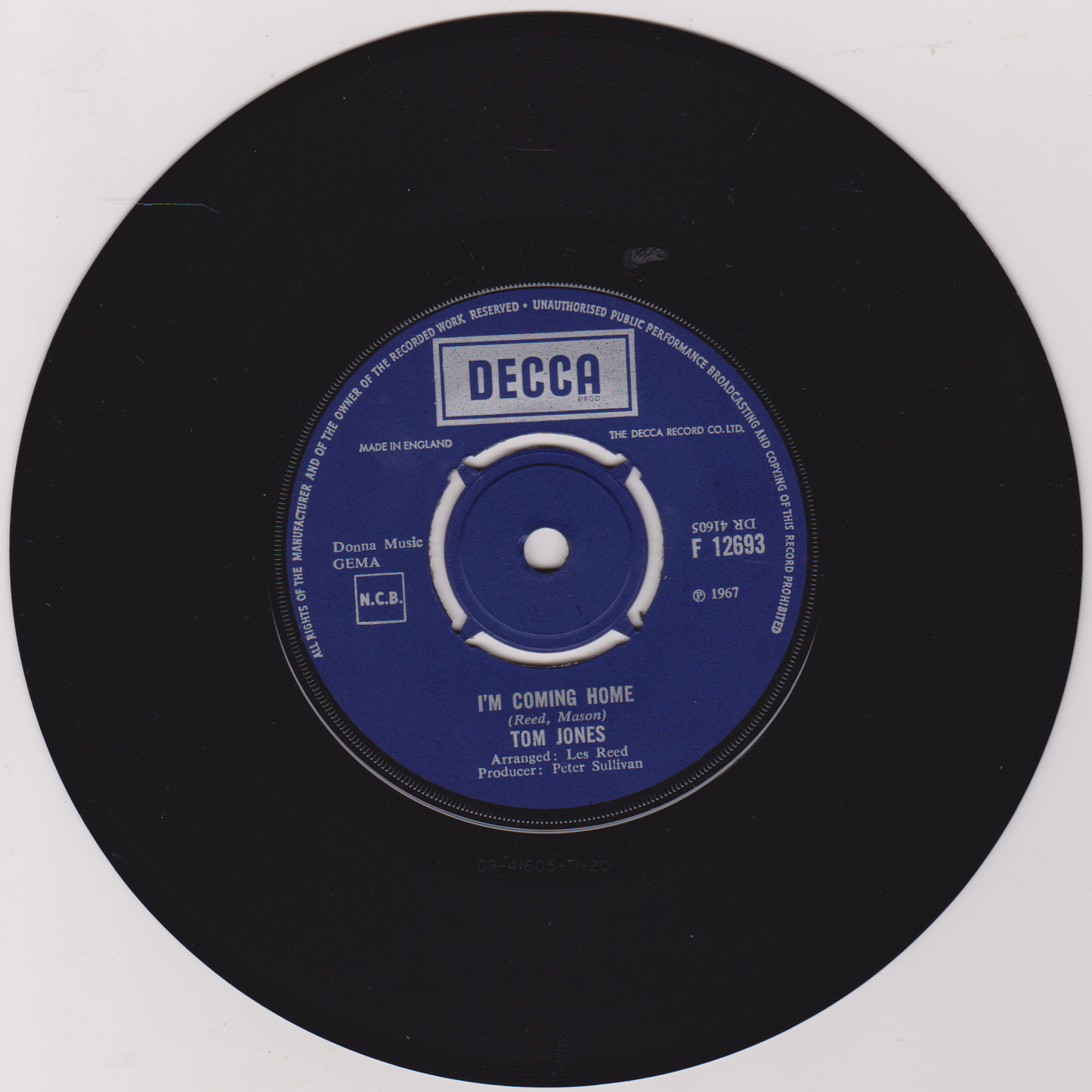 Tom Jones – I'm Coming Home (Decca, 1967) 7" vinyl single VG/VG