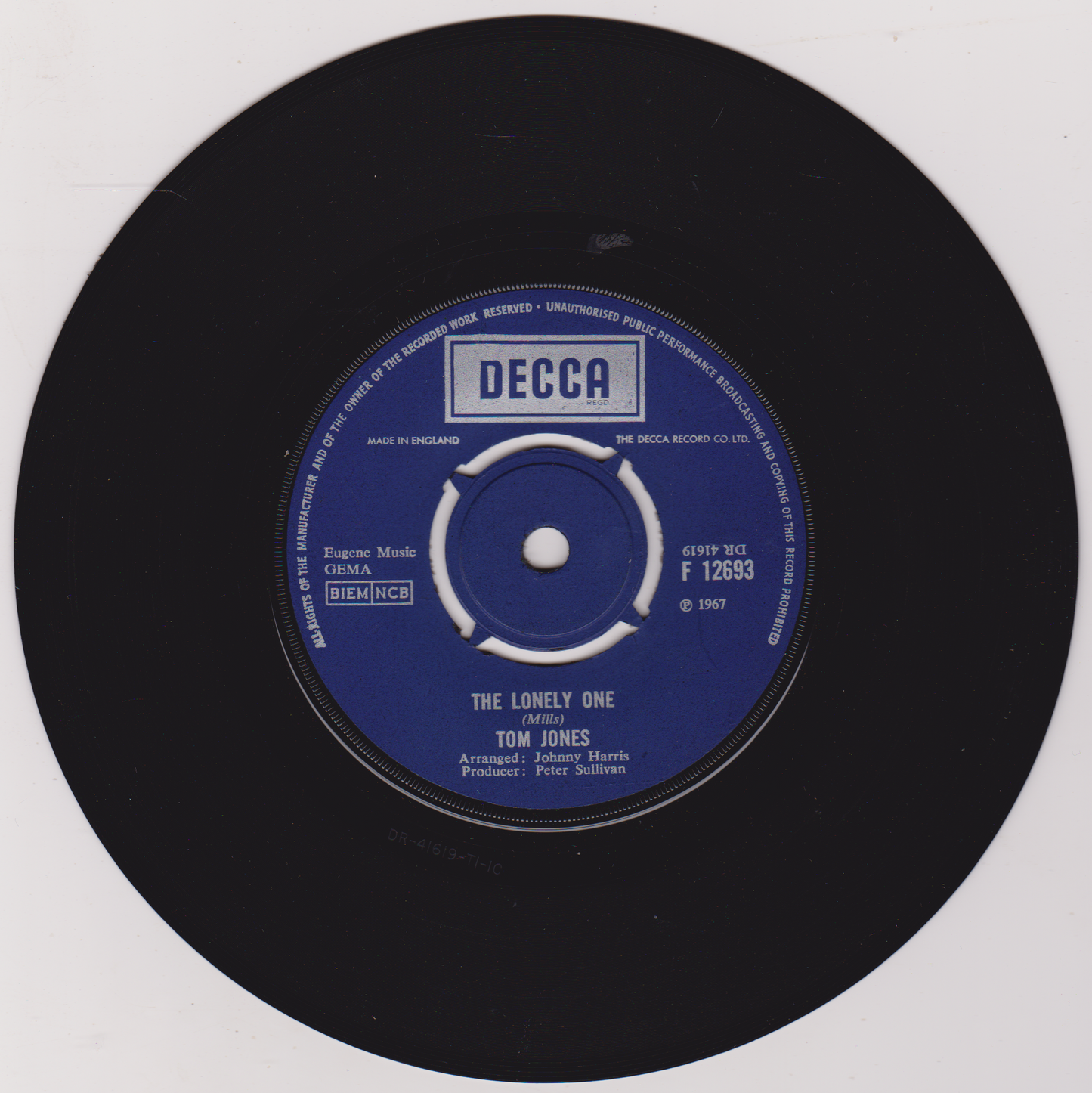 Tom Jones – I'm Coming Home (Decca, 1967) 7" vinyl single VG/VG