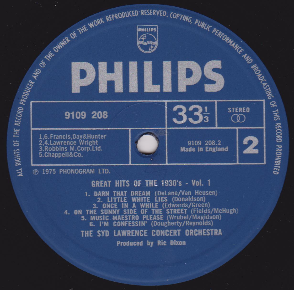 The Syd Lawrence Concert Orchestra – Great Hits Of The 1930's (1975) 12" vinyl LP VG/VG