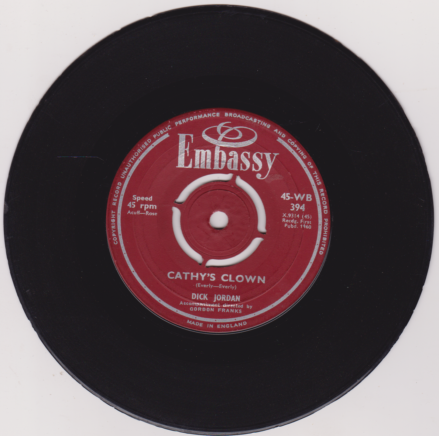 Dick Jordan – Cathy's Clown (Embassy 1960) 7" vinyl single G+/-