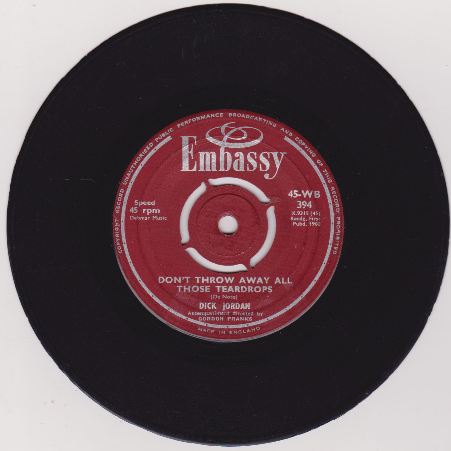 Dick Jordan – Cathy's Clown (Embassy 1960) 7" vinyl single G+/-