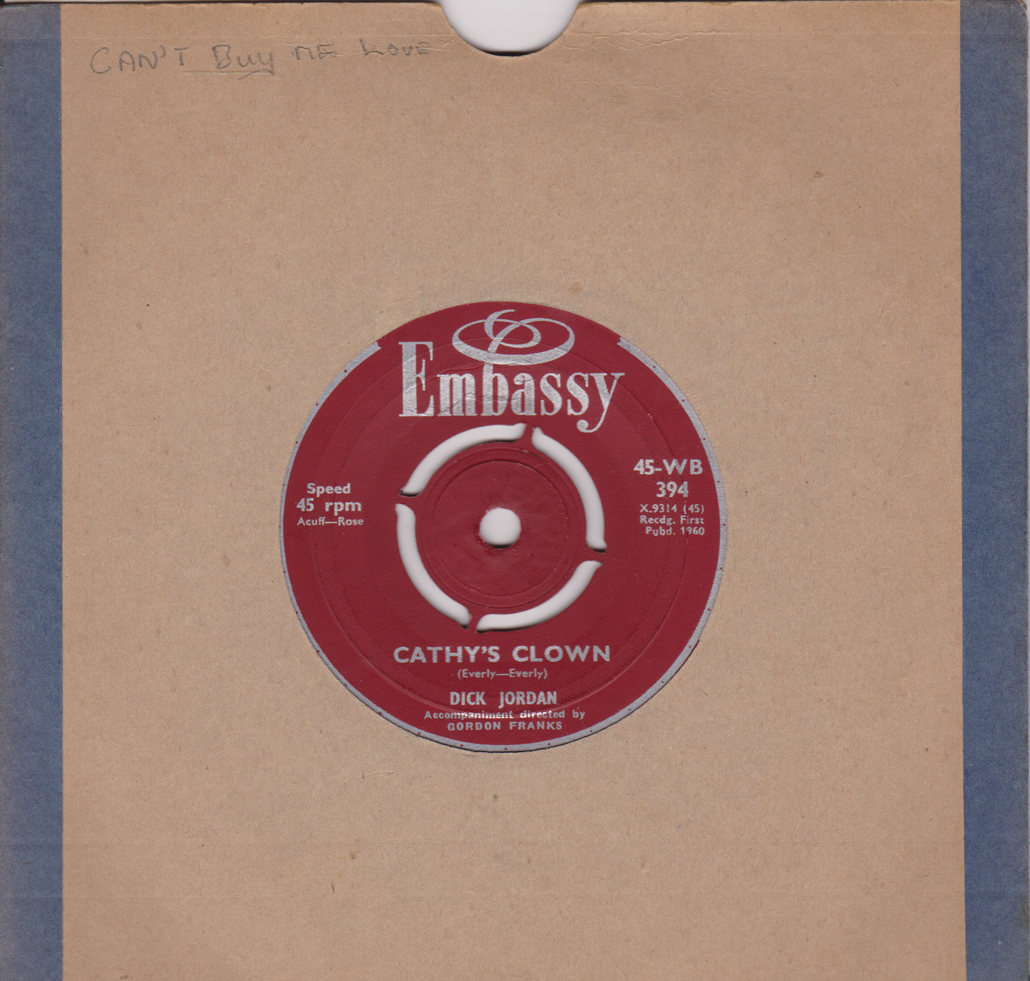 Dick Jordan – Cathy's Clown (Embassy 1960) 7" vinyl single G+/-