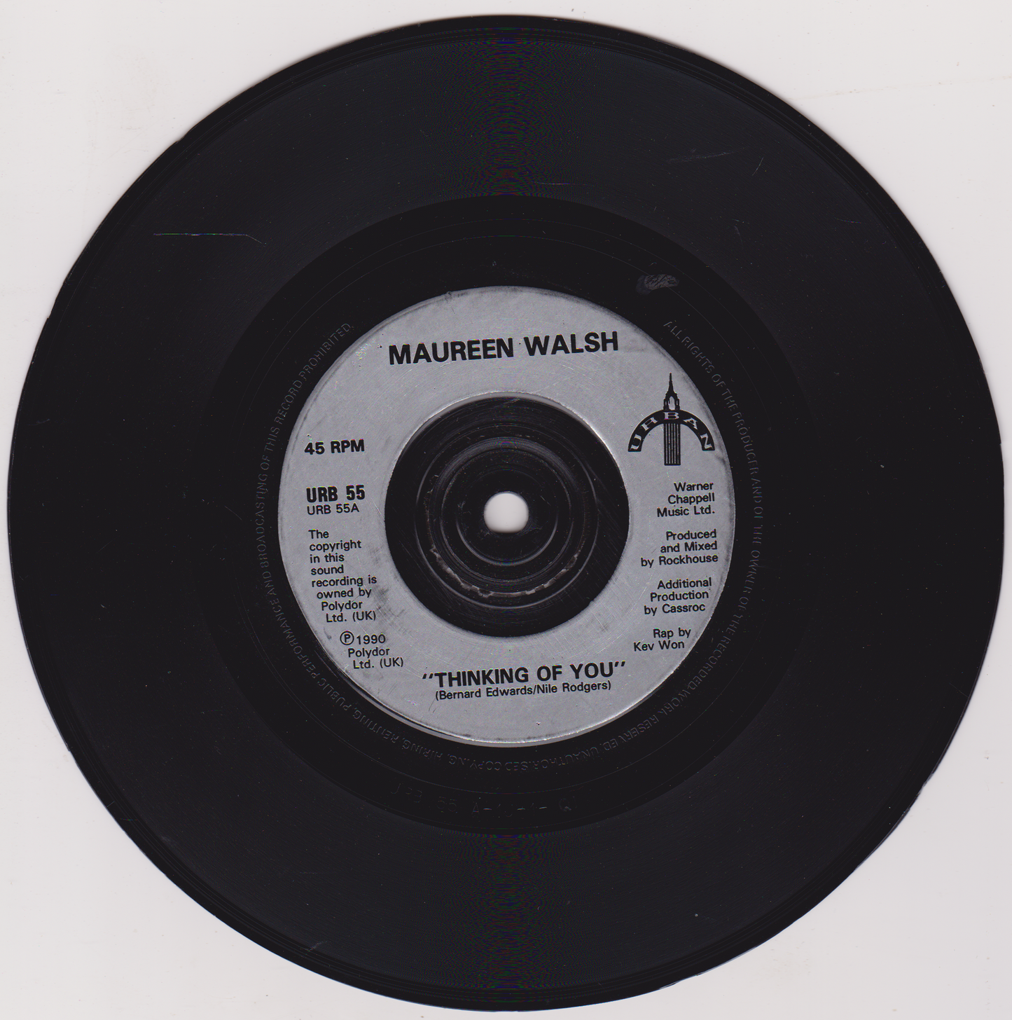 Black vinyl record with white label featuring 'Maureen Walsh' and 'Thinking of You'.