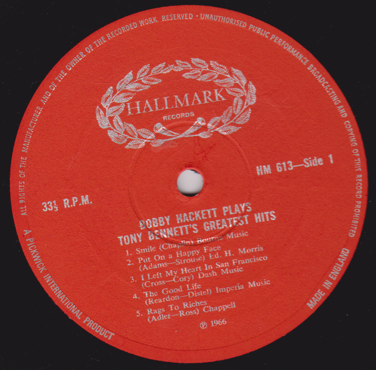 Bobby Hackett – Plays Tony Bennett's Greatest Hits (Hallmark) 12" vinyl LP VG/VG