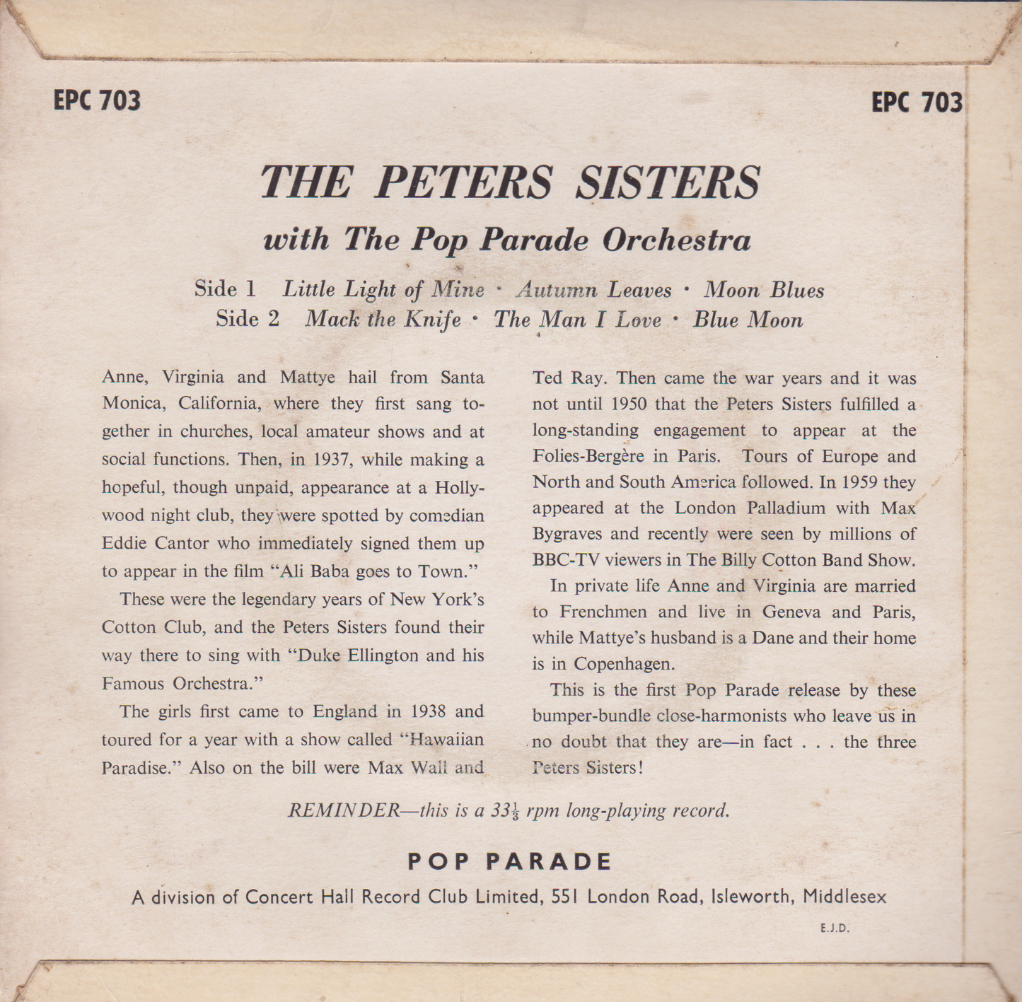 The Peters Sisters With The Pop Parade Orchestra (Pop Parade 1962) 7" vinyl EP VG/VG 33rpm