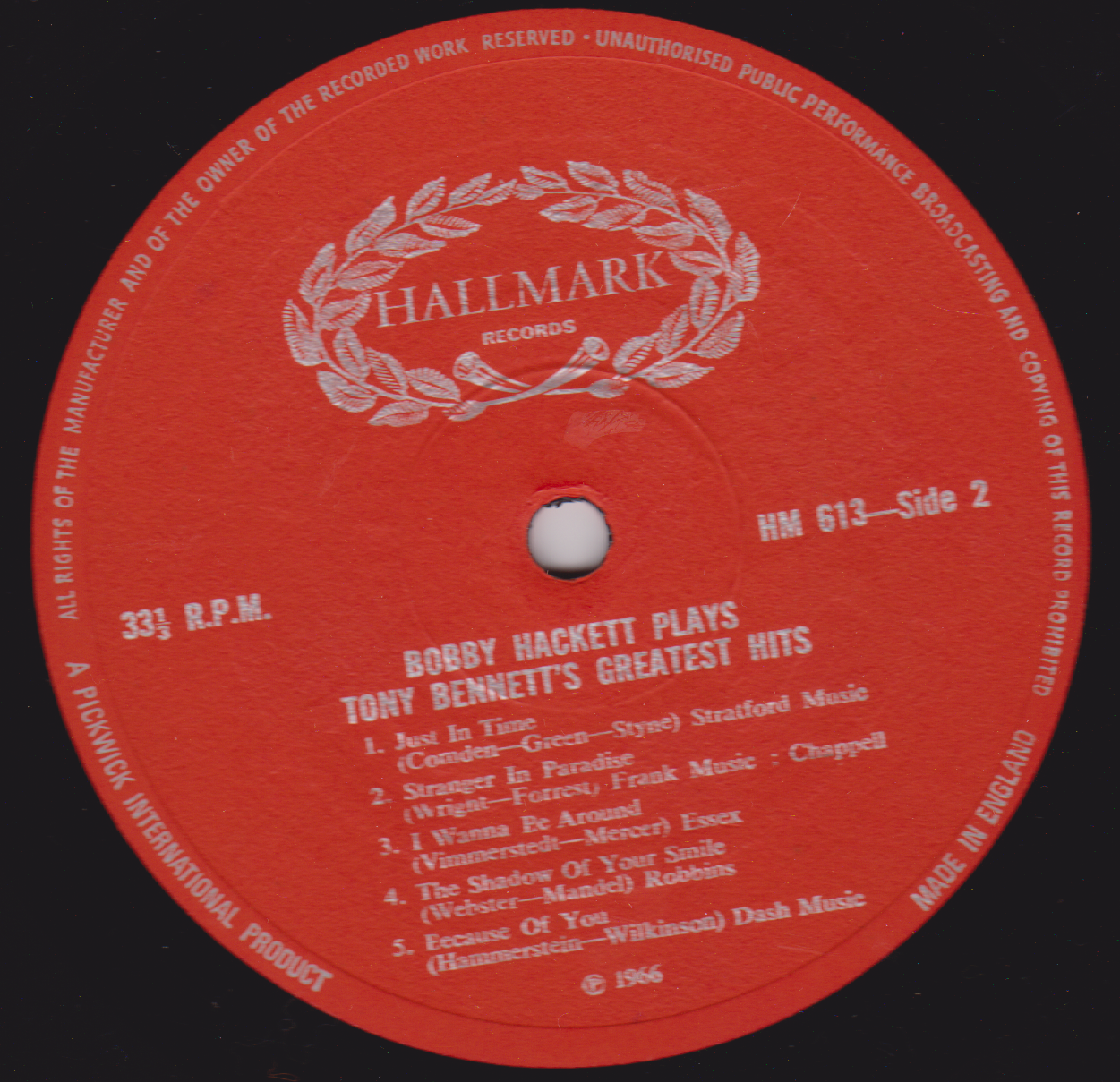 Bobby Hackett – Plays Tony Bennett's Greatest Hits (Hallmark) 12" vinyl LP VG/VG