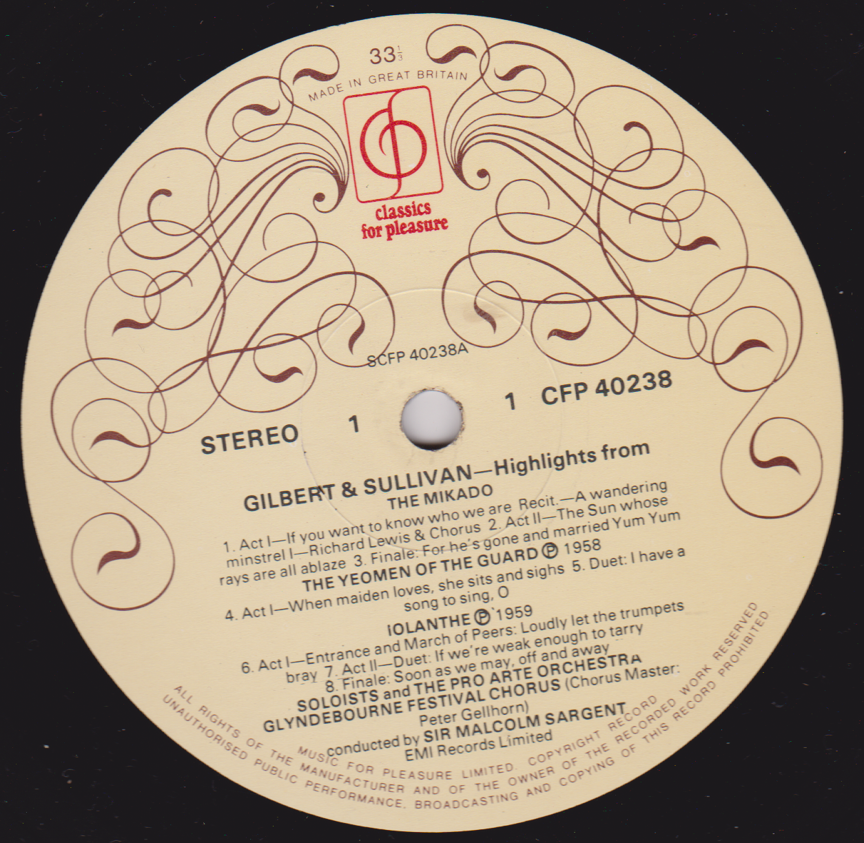 Gilbert & Sullivan, Glyndebourne Festival Chorus, Sargent – Highlights (EMI) 12" vinyl LP VG/VG
