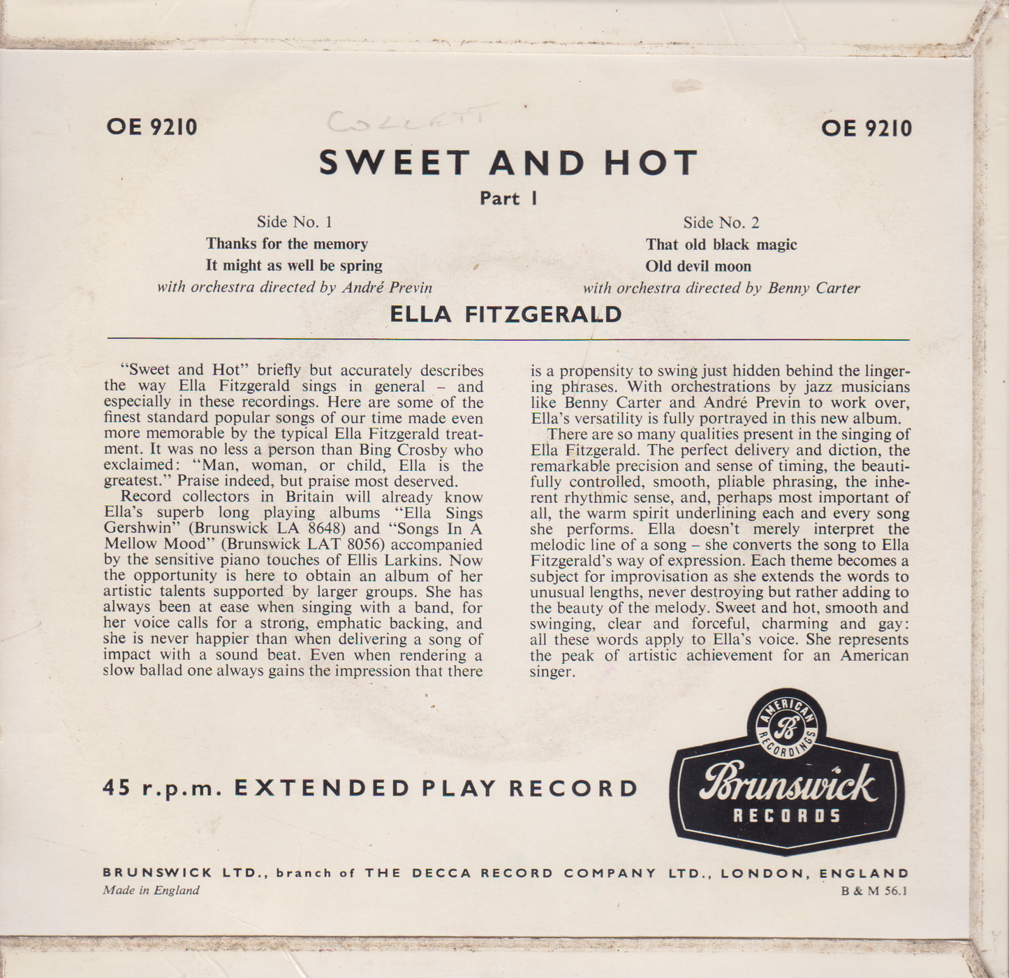 Ella Fitzgerald – Sweet And Hot Part 1 (Brunswick) 7" vinyl EP VG/VG
