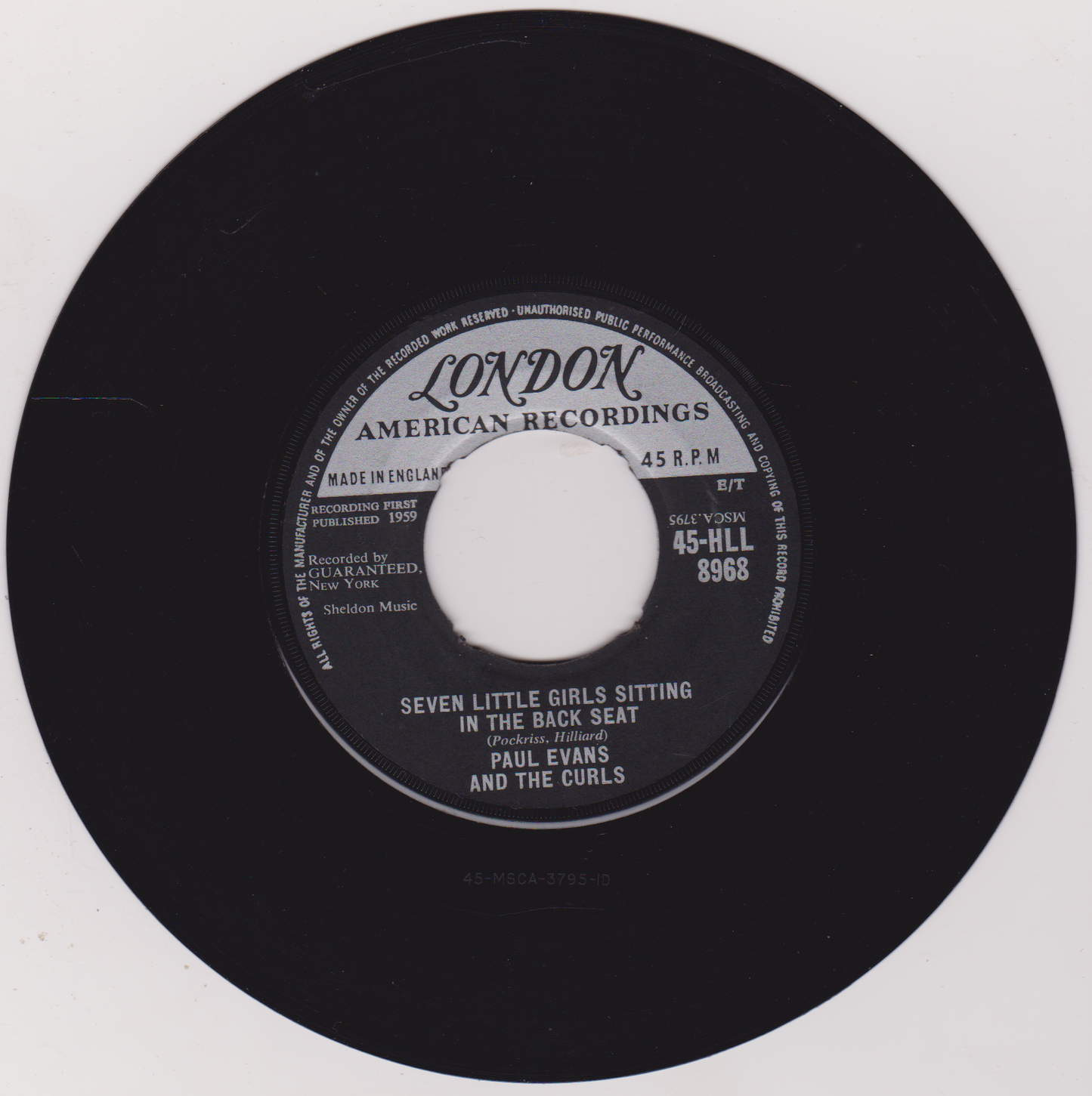 Paul Evans And The Curls – Seven Little Girls Sitting In The Back Seat (London 1959) 7" vinyl single VG/- jukebox centre