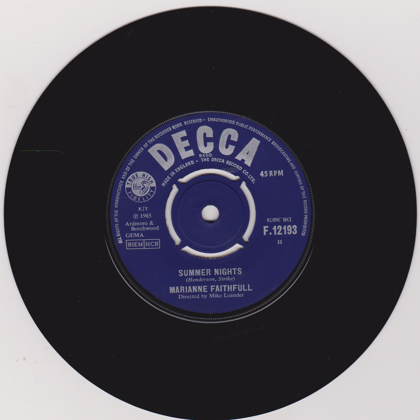 Marianne Faithfull – Summer Nights (Decca 1965) 7" vinyl single VG/-