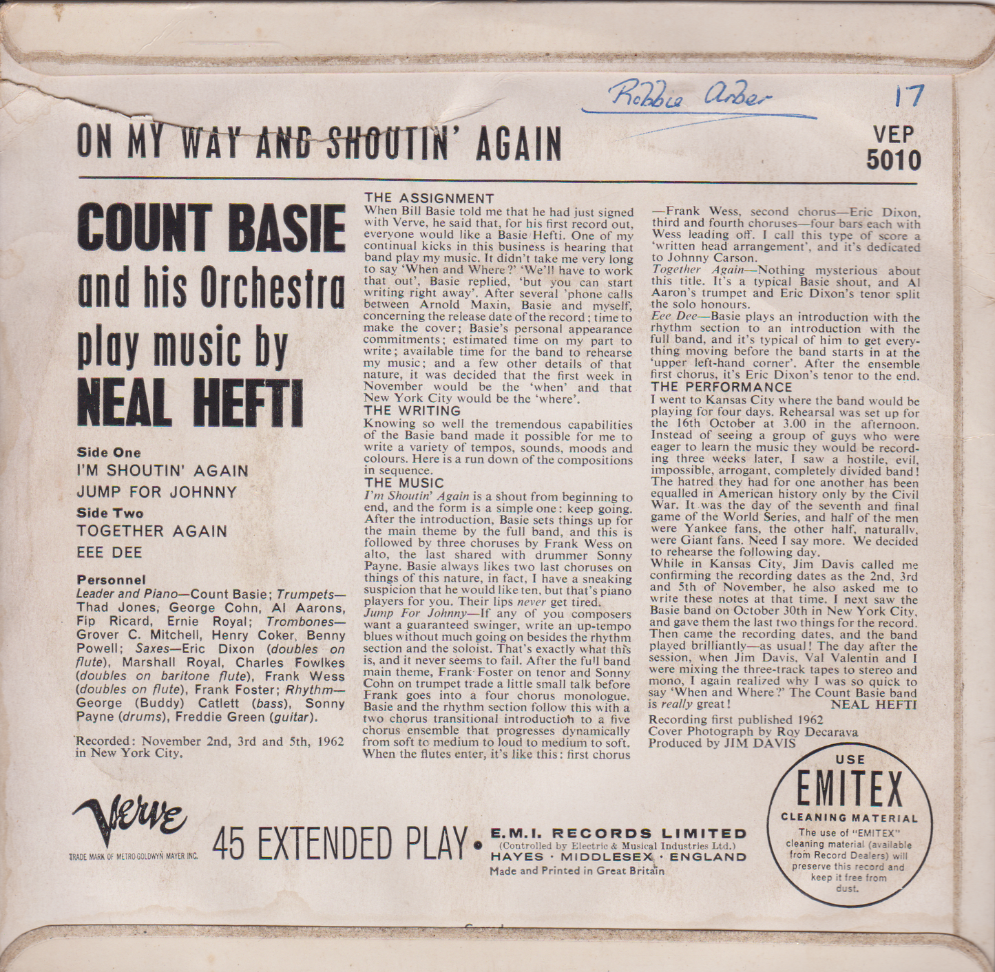 Count Basie And His Orchestra – On My Way And Shoutin' Again (Verve 1962) 7" vinyl EP VG/G+