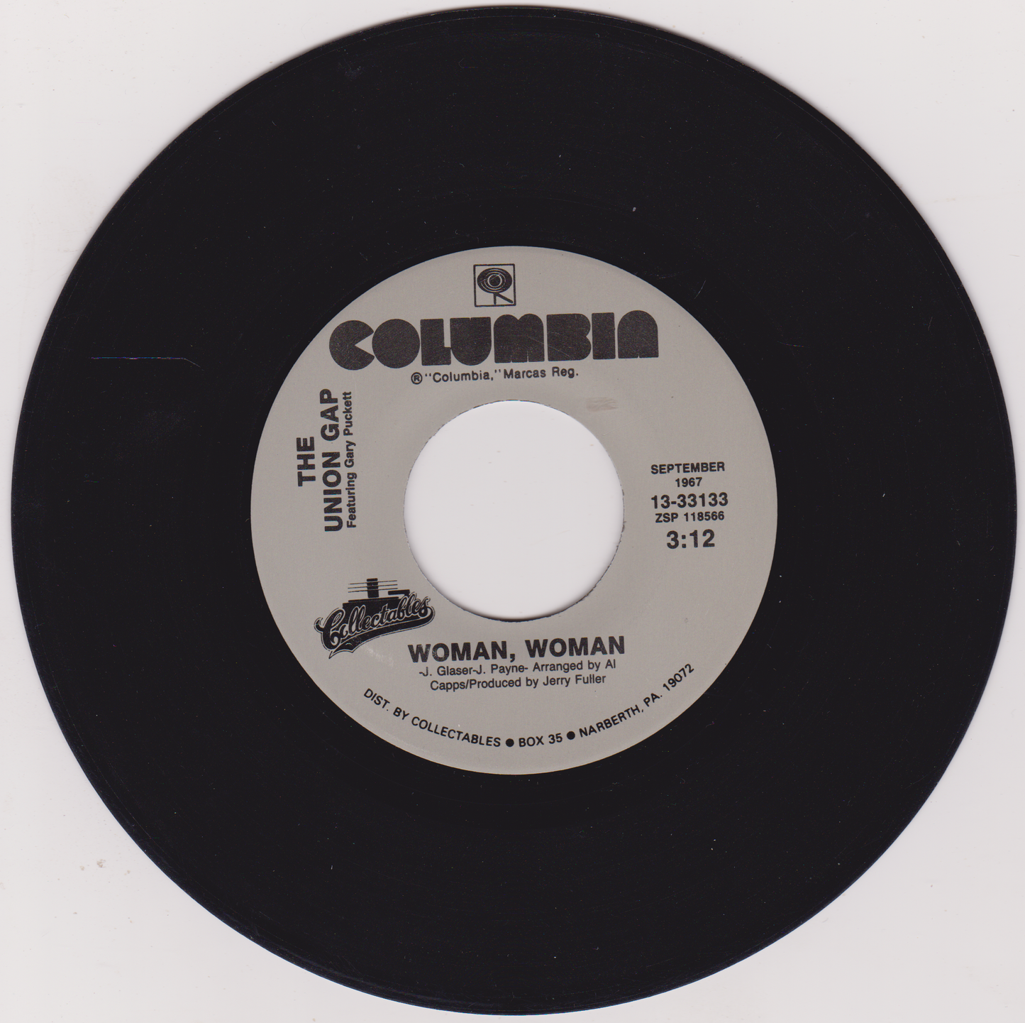 The Union Gap Featuring Gary Puckett – Woman, Woman (Columbia) 7" vinyl single VG/- US jukebox